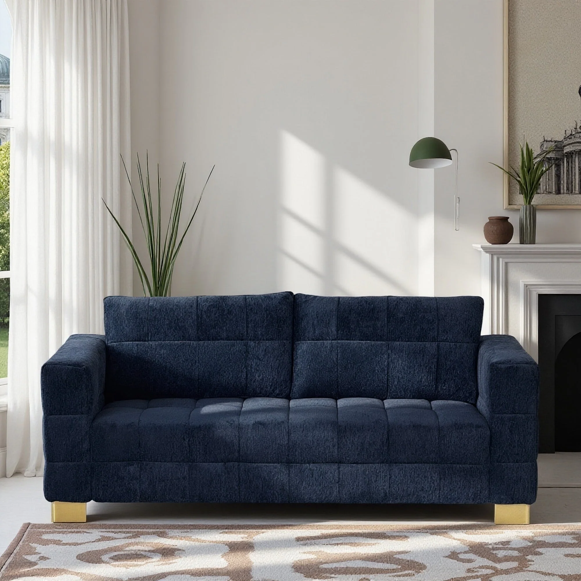 Retro Blue Chenille Upholstered 3-Seater Couch with Stainless-Steel Legs - Image 5
