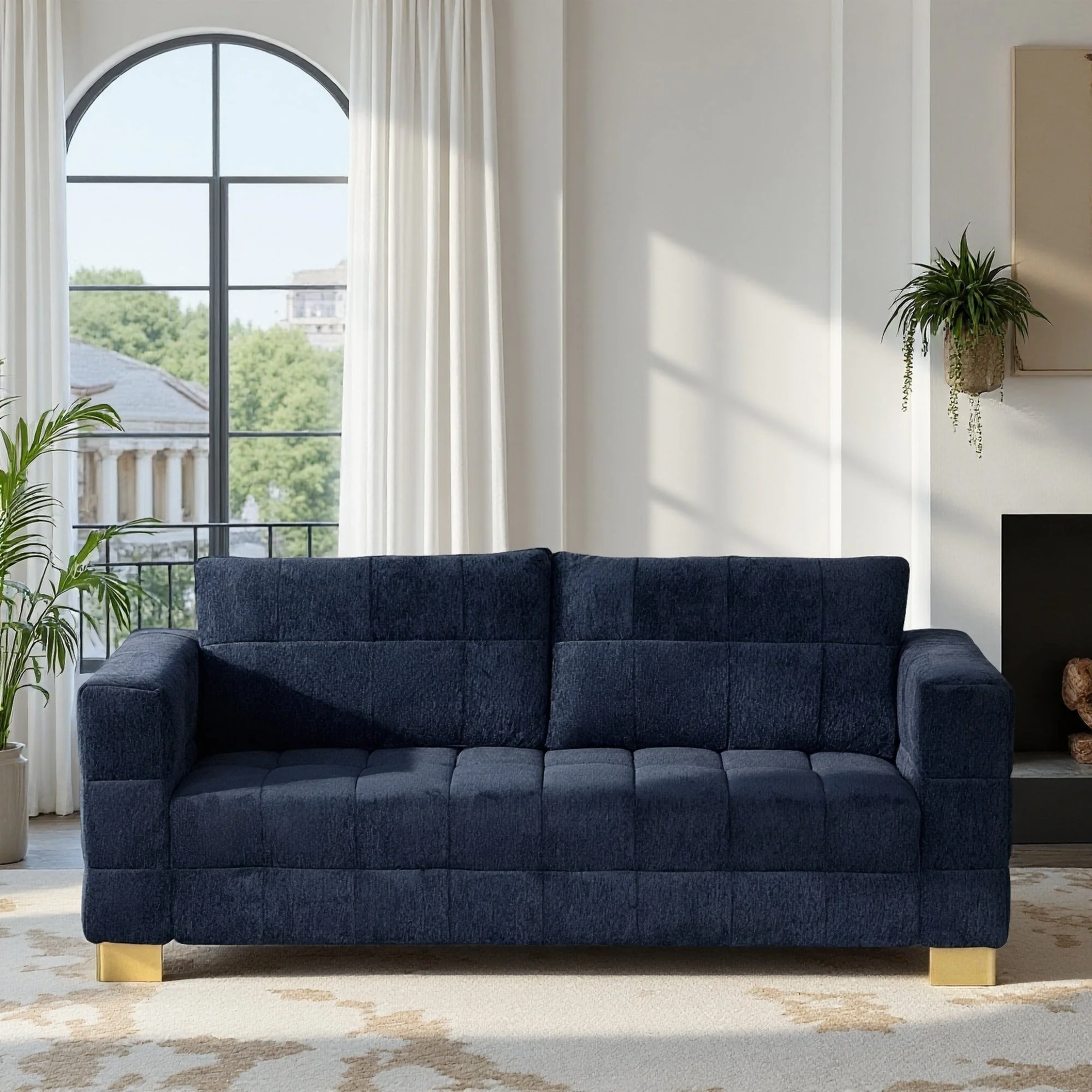 Retro Blue Chenille Upholstered 3-Seater Couch with Stainless-Steel Legs - Image 6
