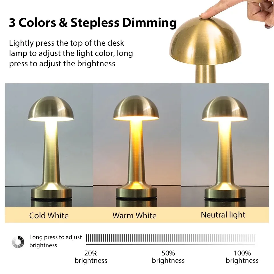 Retro LED Mushroom Table Lamp USB Rechargeable Dimmable Bedside Desk Light - Image 4