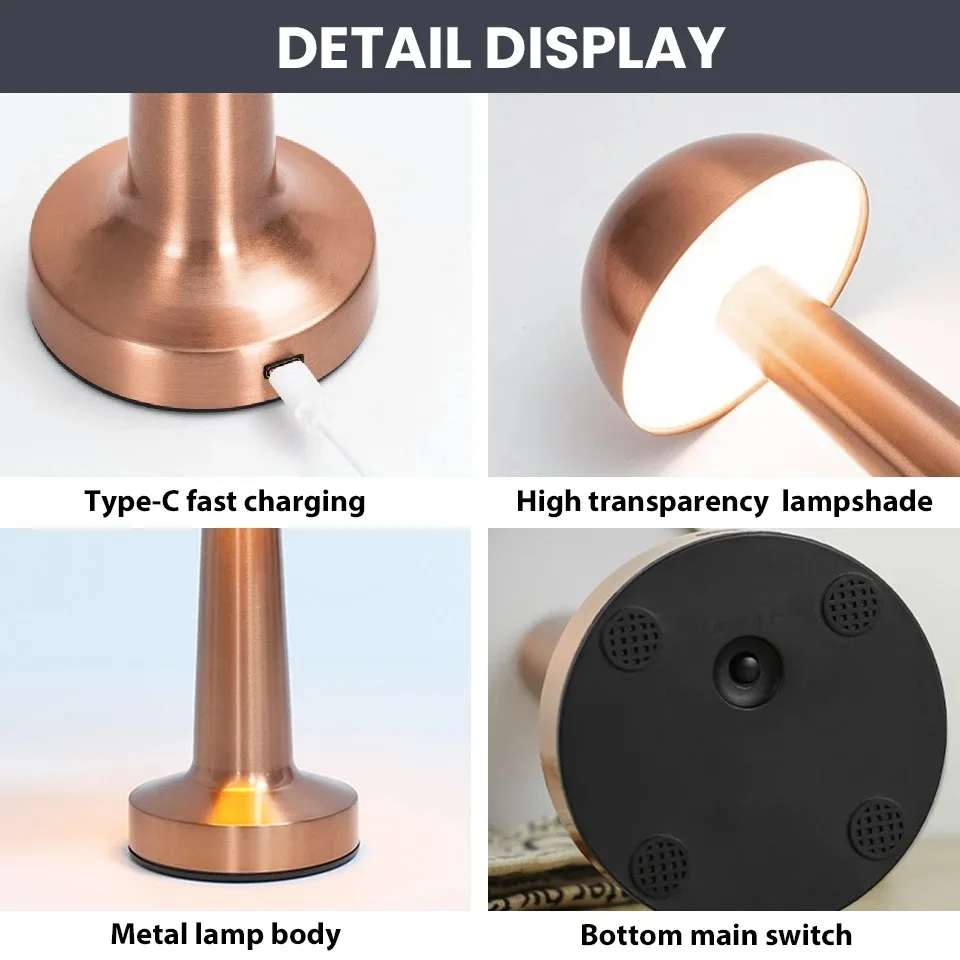 Retro LED Mushroom Table Lamp USB Rechargeable Dimmable Bedside Desk Light - Image 5