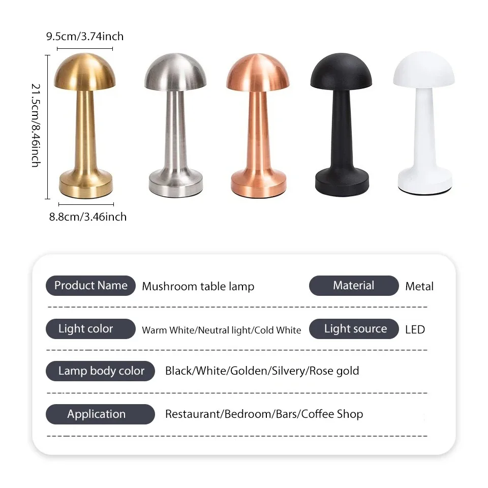 Retro LED Mushroom Table Lamp USB Rechargeable Dimmable Bedside Desk Light - Image 6