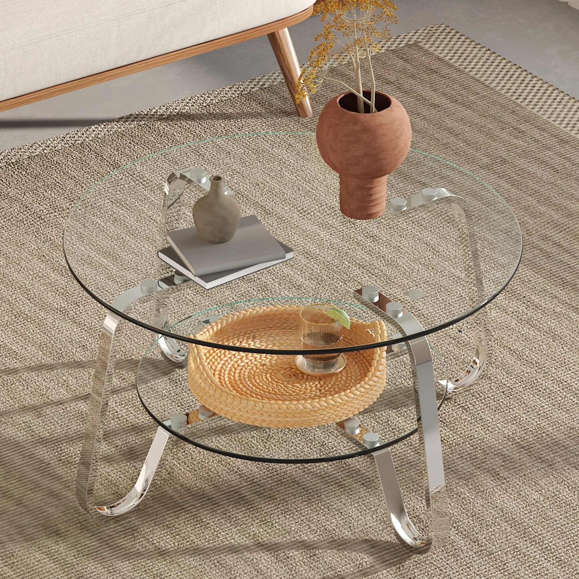Retro Minimalist Style Metal Frame Double Layer Tempered Glass Coffee Table - Image 6