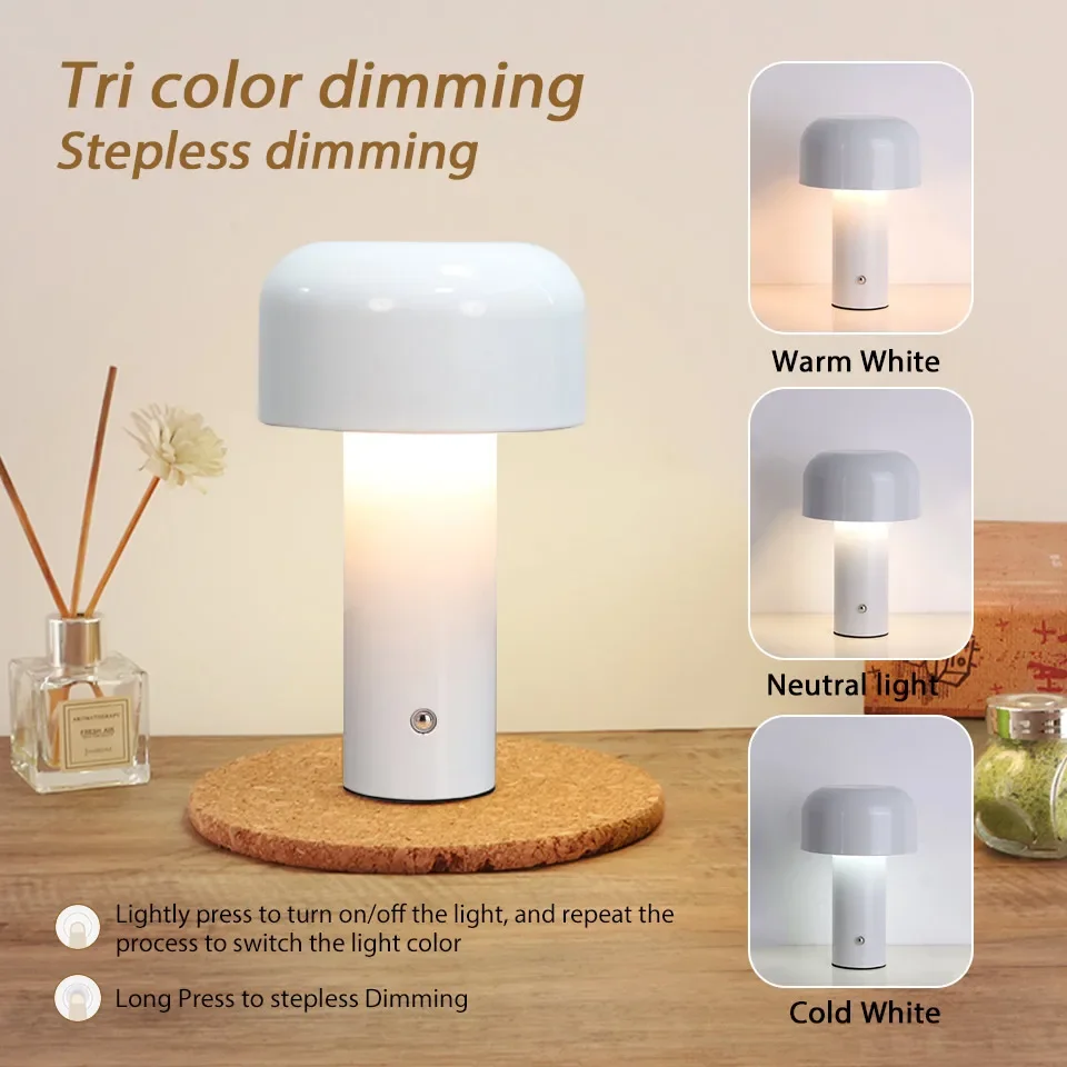 Retro Mushroom LED Table Lamp Touch Sensor Dimmable Rechargeable Desk Light - Image 2