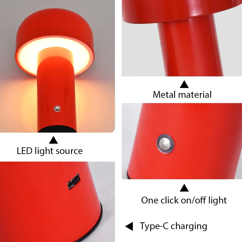 Retro Mushroom LED Table Lamp Touch Sensor Dimmable Rechargeable Desk Light - Image 3