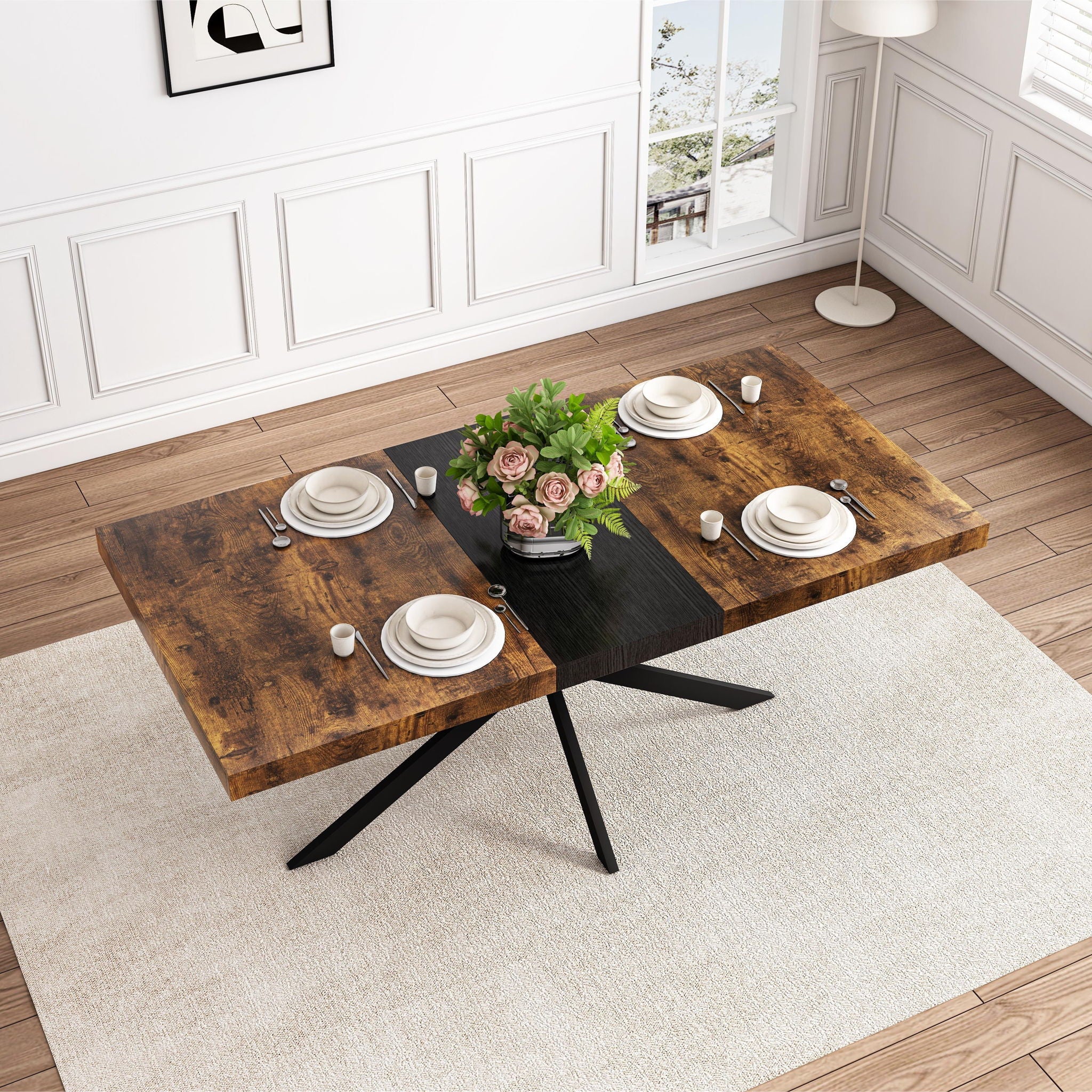 Retro Rectangular Stretch Dining Table With Embossed Center Plate - Image 5