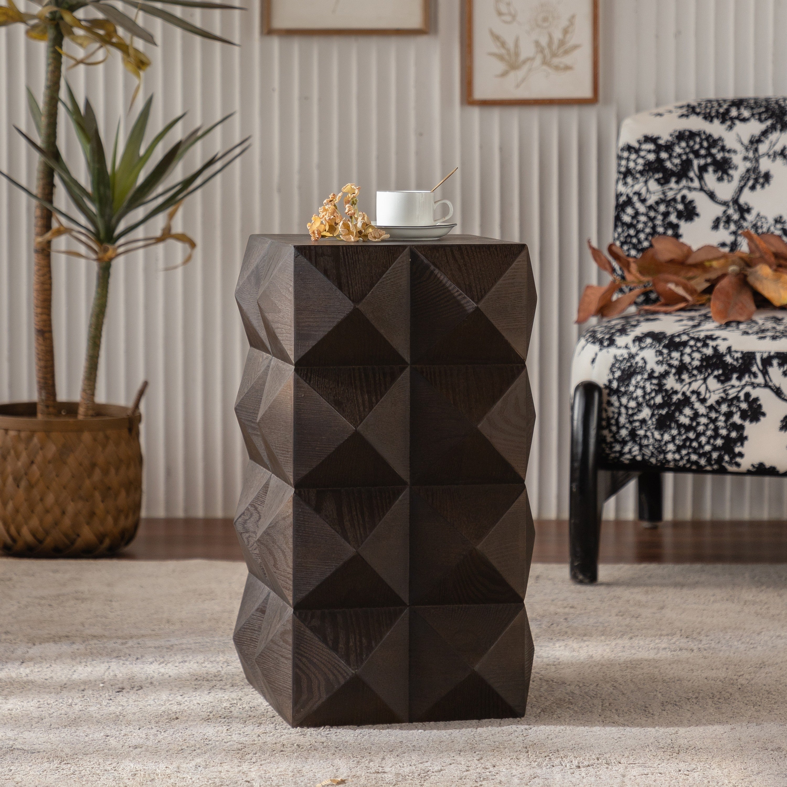 Retro Wooden Side Table with 3D Embossed Design - Image 2