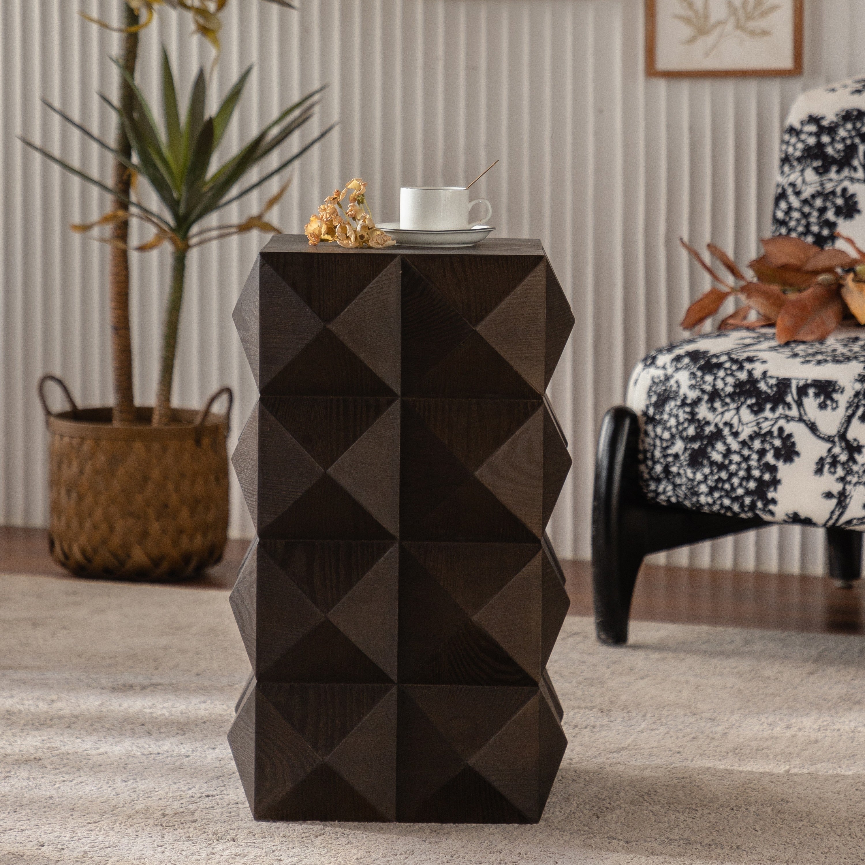 Retro Wooden Side Table with 3D Embossed Design - Image 4