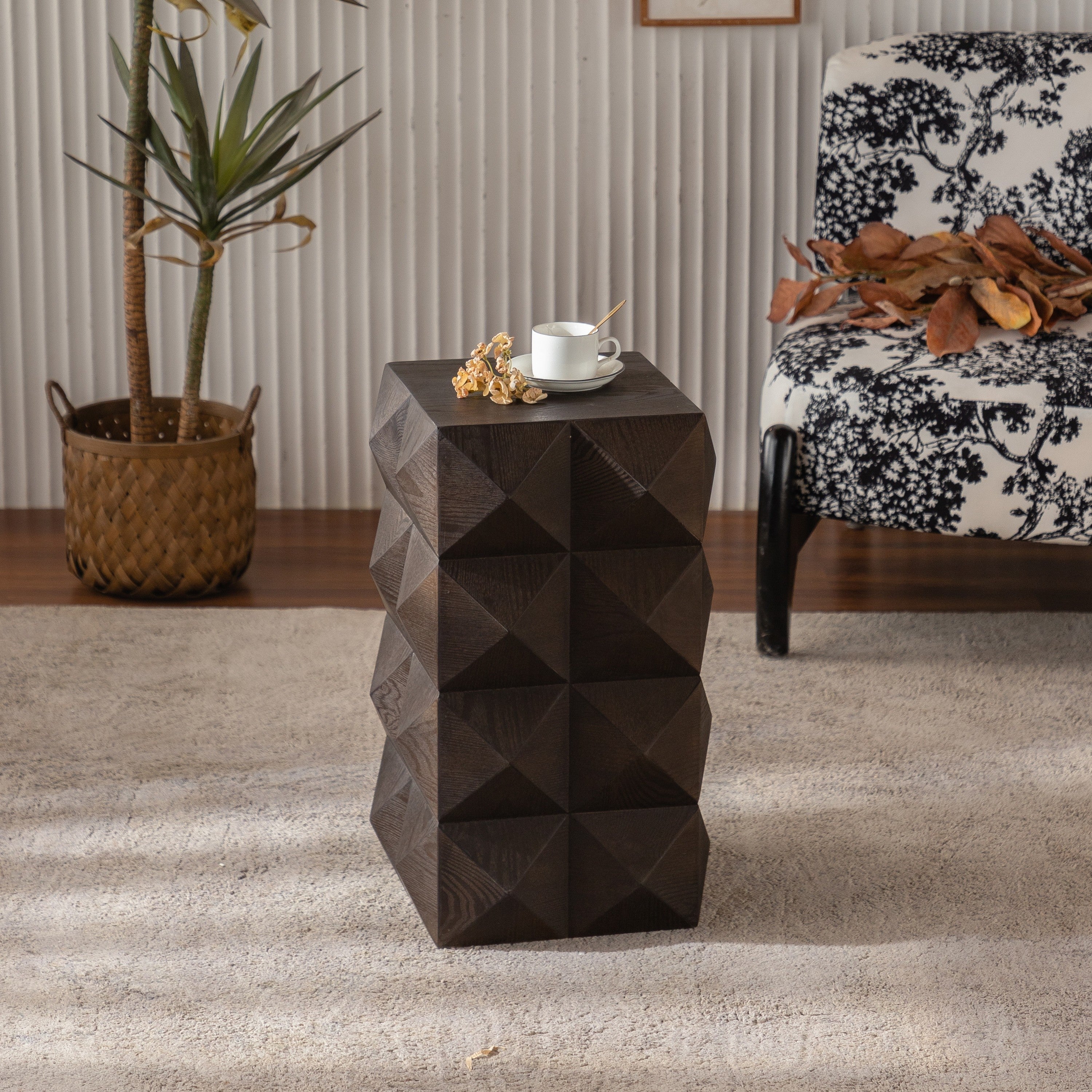 Retro Wooden Side Table with 3D Embossed Design - Image 5