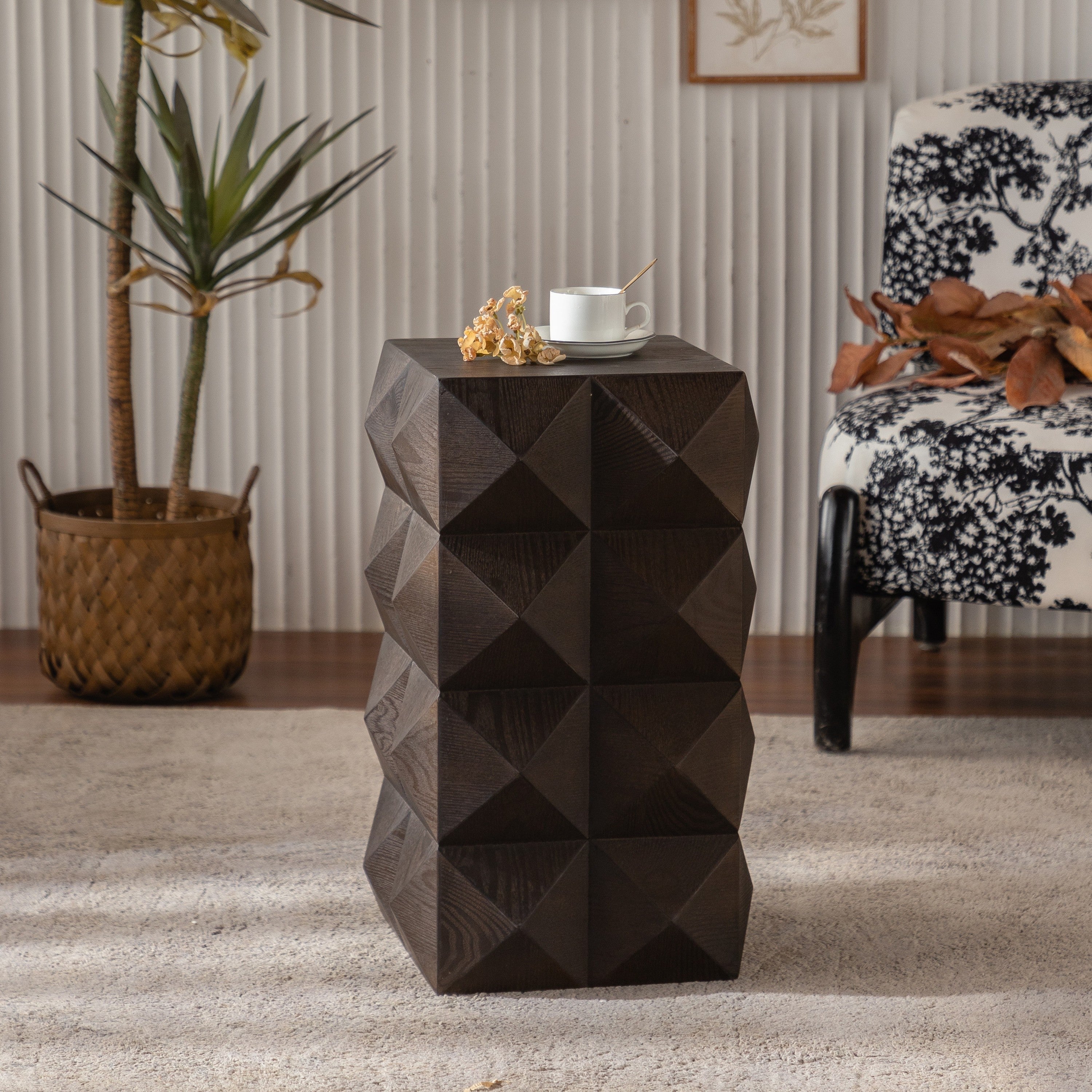 Retro Wooden Side Table with 3D Embossed Design - Image 6