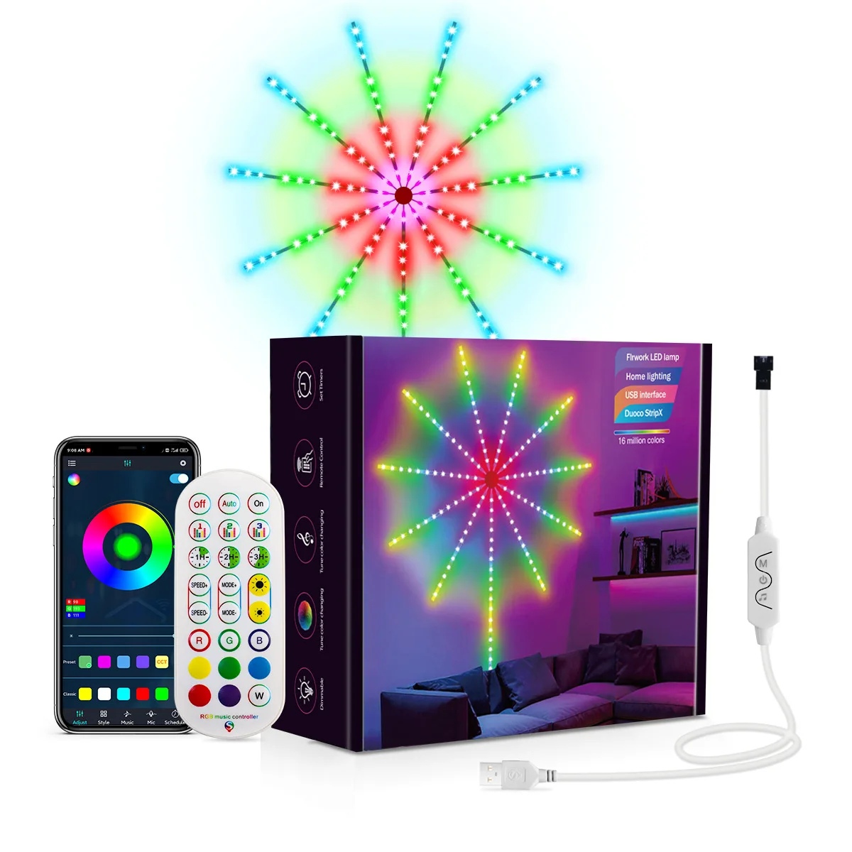 RGB Fireworks LED Strip Light Music Sync Sound Control Dream Meteor Decor Kit - Image 7