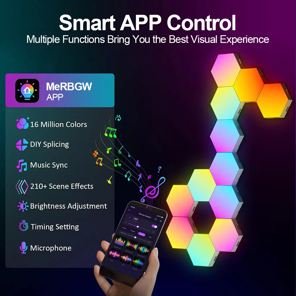 RGB Smart Hexagonal Wall Lamp Color Changing Music Rhythm APP DIY Night Light - Image 3