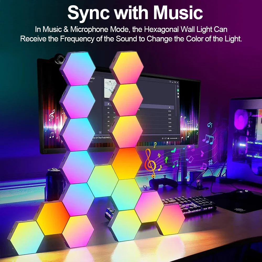RGB Smart Hexagonal Wall Lamp Color Changing Music Rhythm APP DIY Night Light - Image 4
