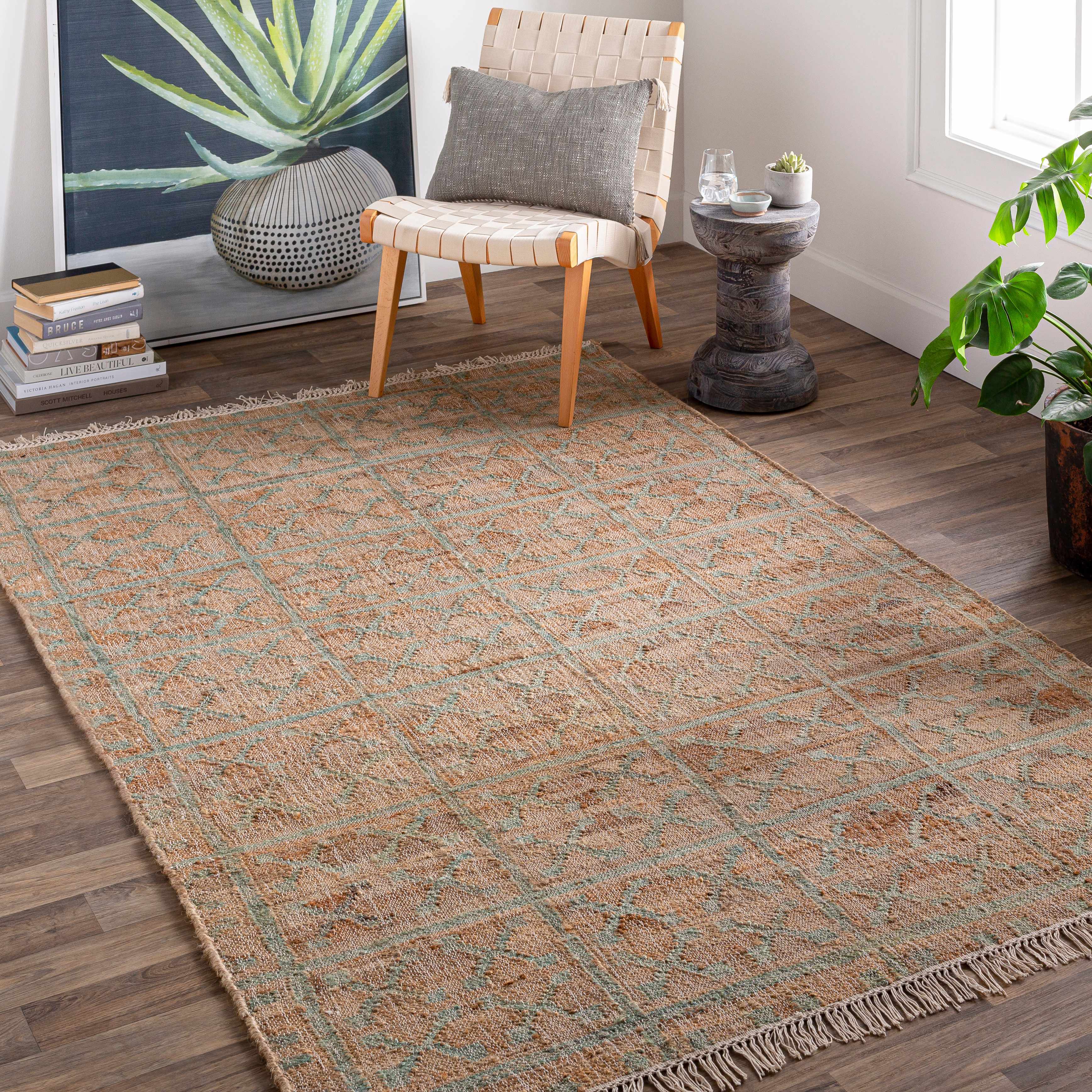 Rice Dusty Sage Fringed Jute Carpet - Image 2