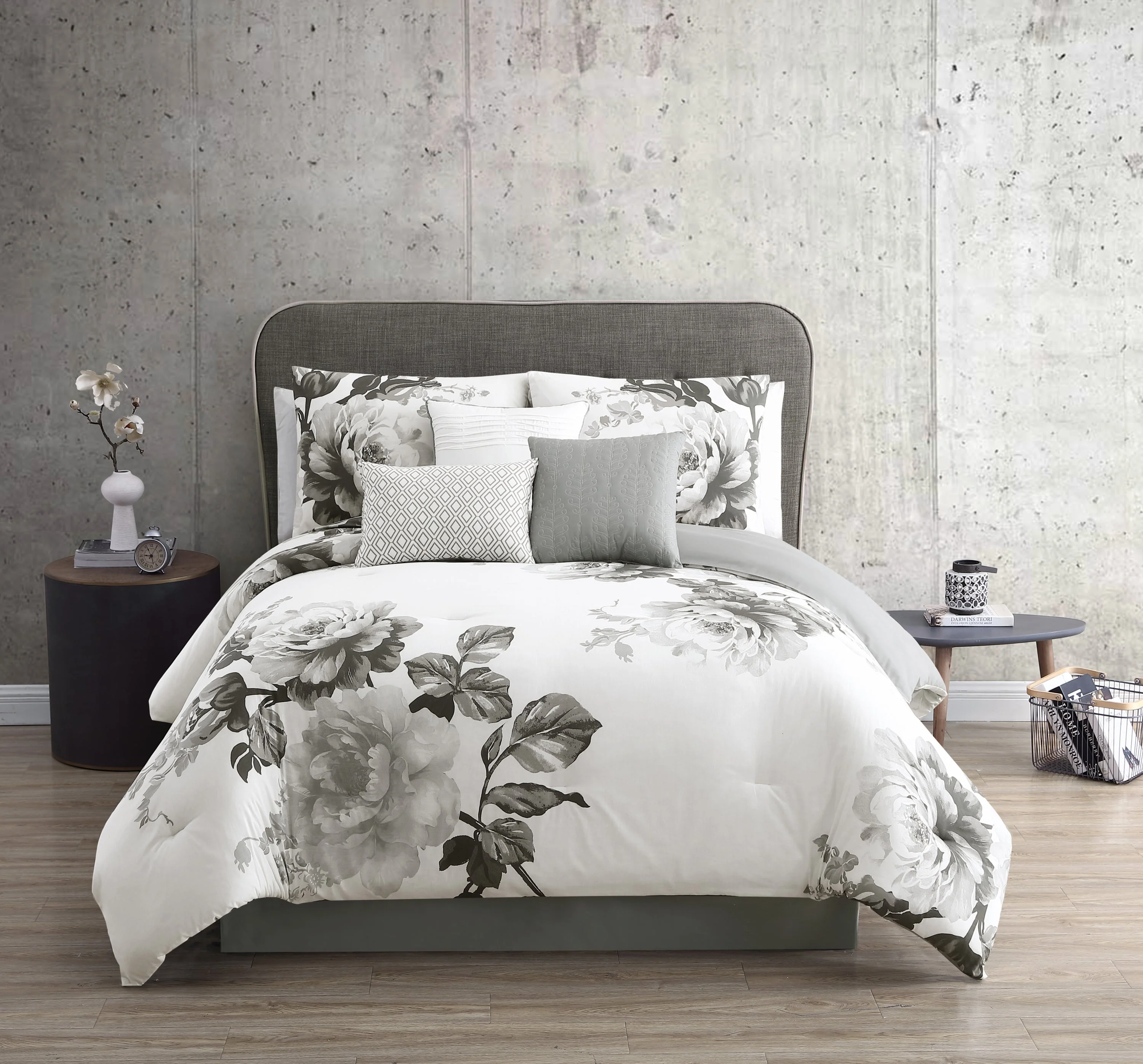 Ridgely 7 Pc Watercolor Black and White Floral Comforter Set - Image 5
