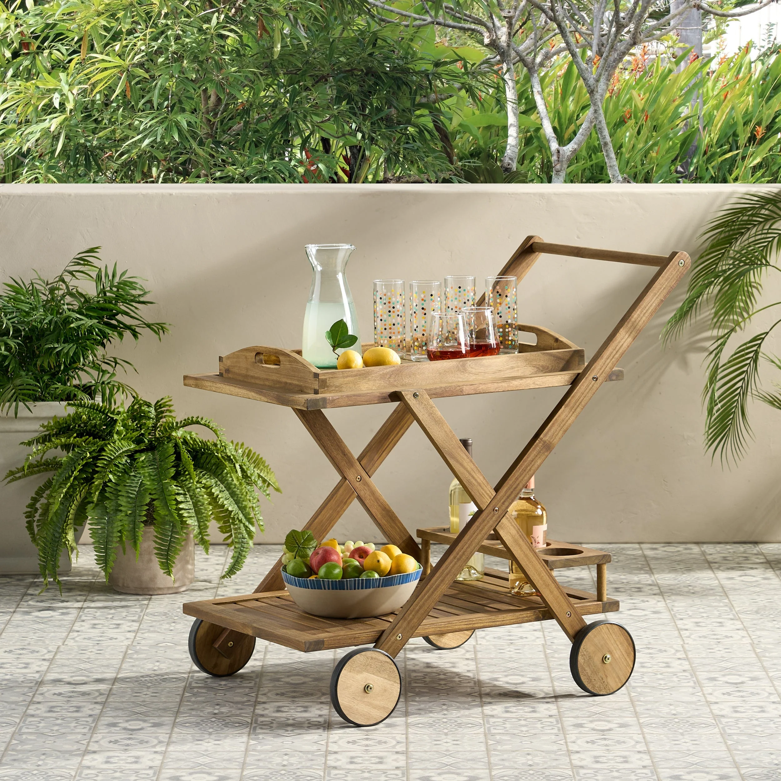 Riviera Bar Cart Natural Stained Acacia Wood Mobile Bar Cart - Image 2