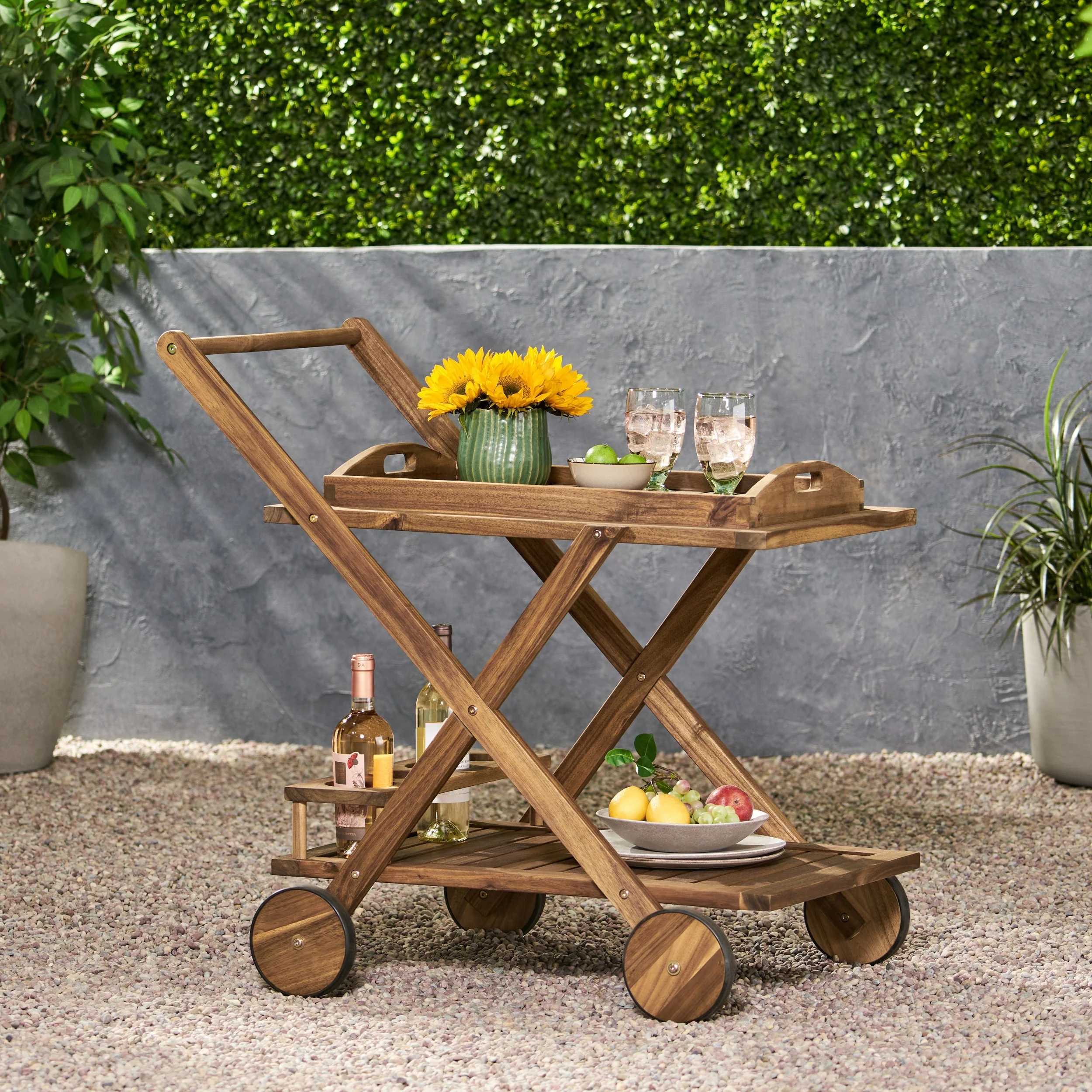 Riviera Bar Cart Natural Stained Acacia Wood Mobile Bar Cart - Image 5