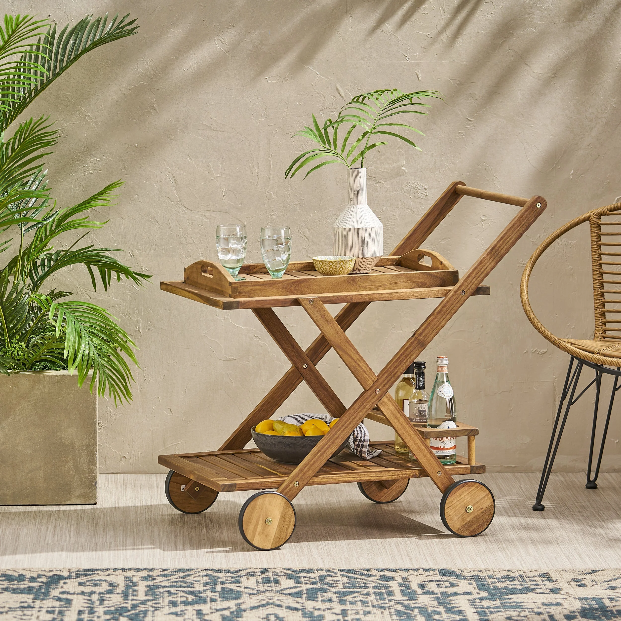 Riviera Bar Cart Natural Stained Acacia Wood Mobile Bar Cart - Image 6