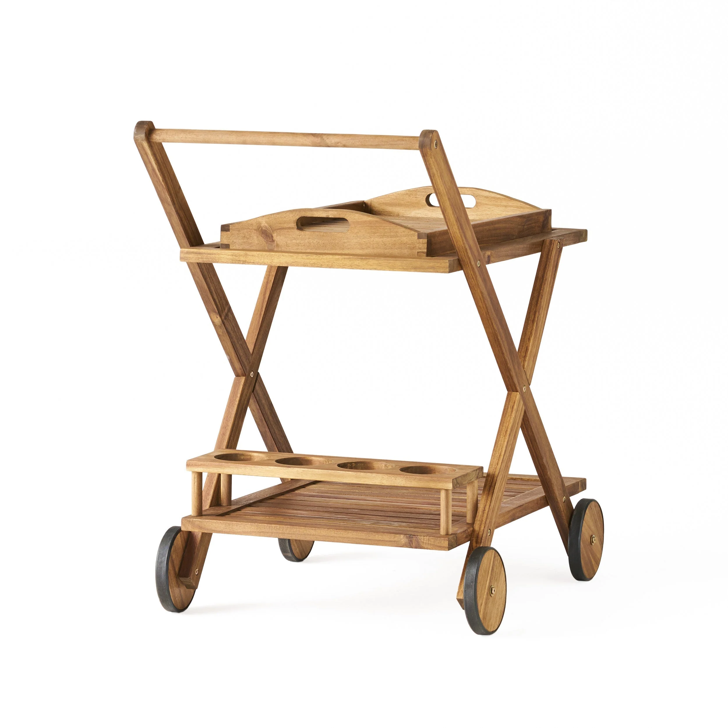 Riviera Bar Cart Natural Stained Acacia Wood Mobile Bar Cart - Image 7