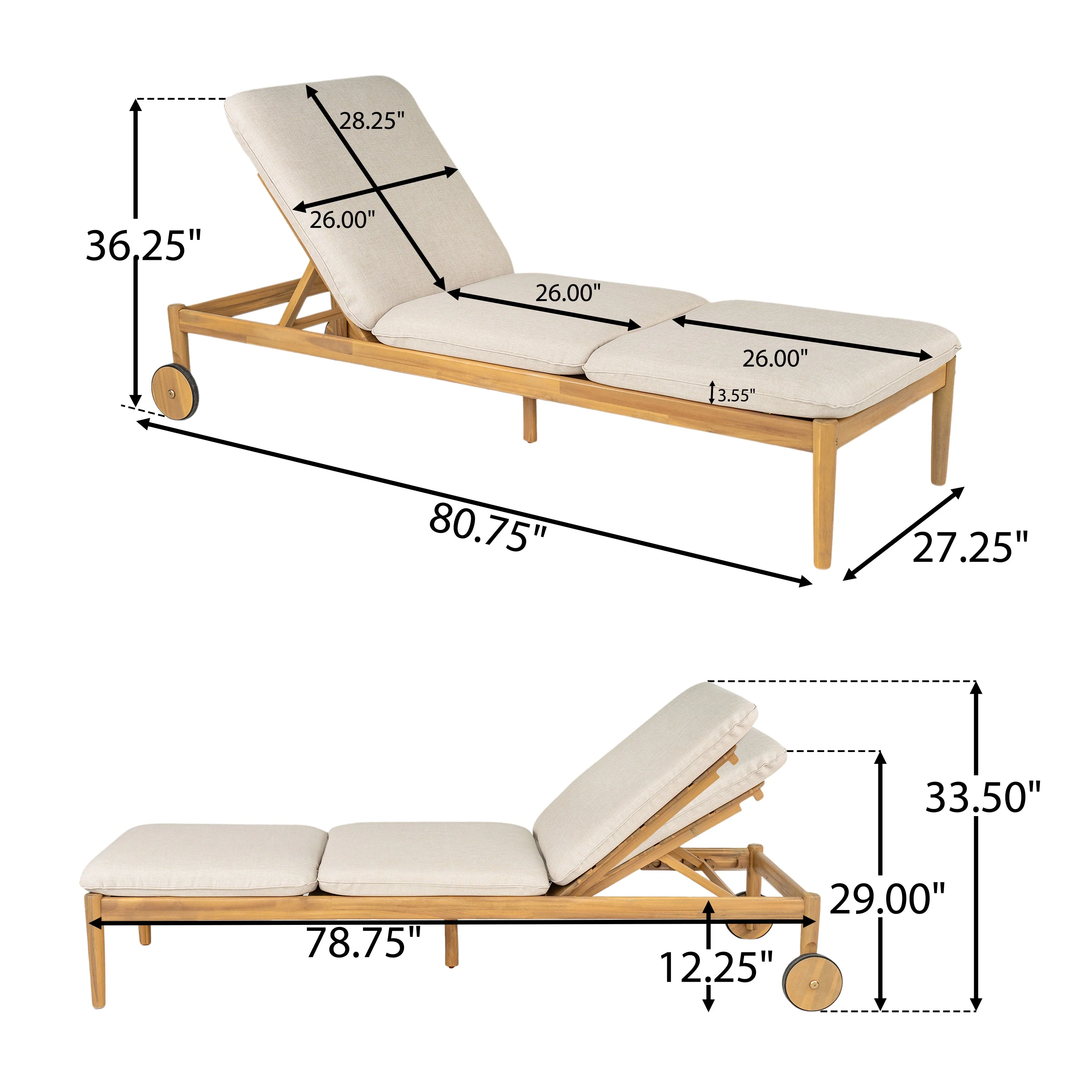 Riviera Outdoor Chaise Lounge with Wheels, Acacia Wood Frame (Set of 2) - Image 16