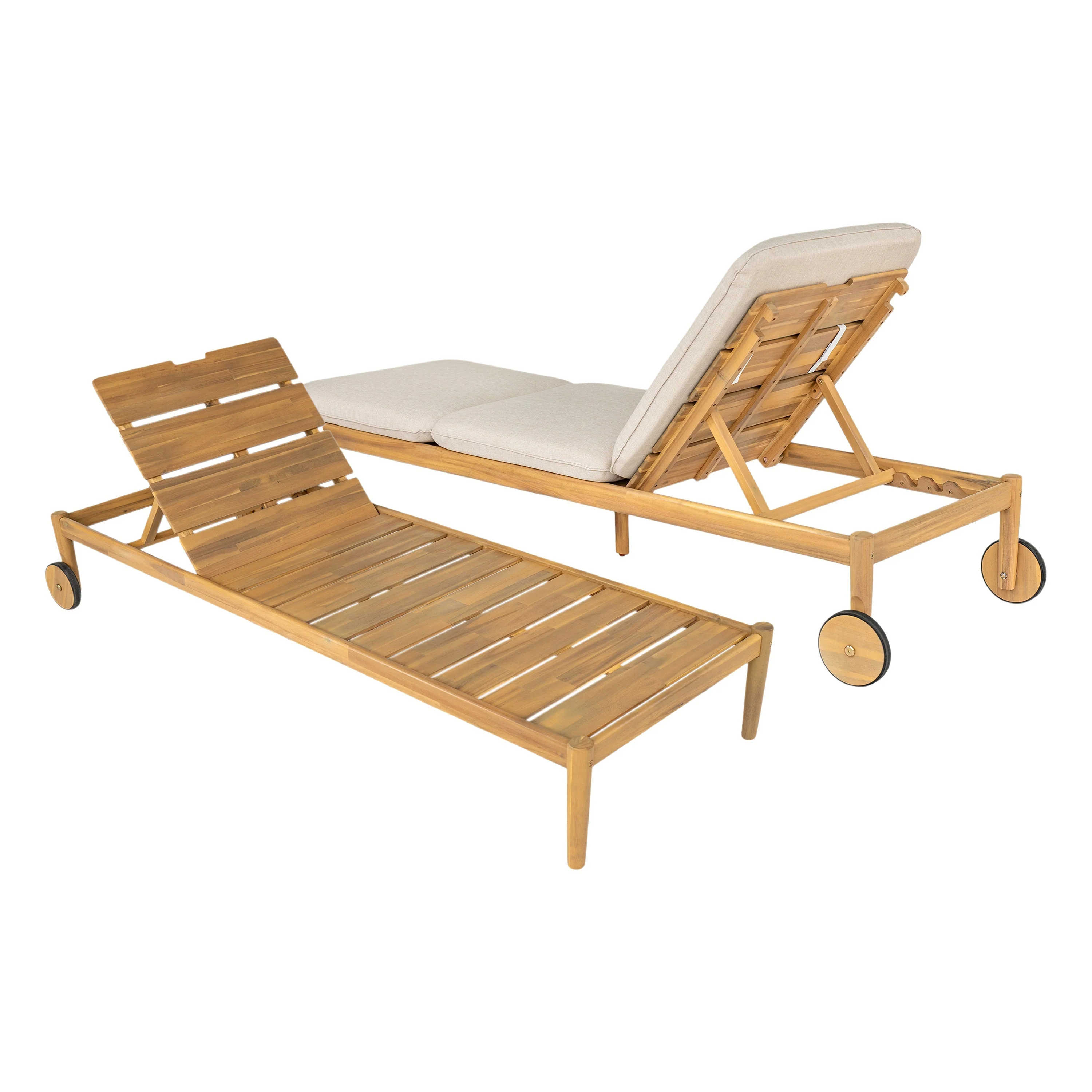 Riviera Outdoor Chaise Lounge with Wheels, Acacia Wood Frame (Set of 2) - Image 3