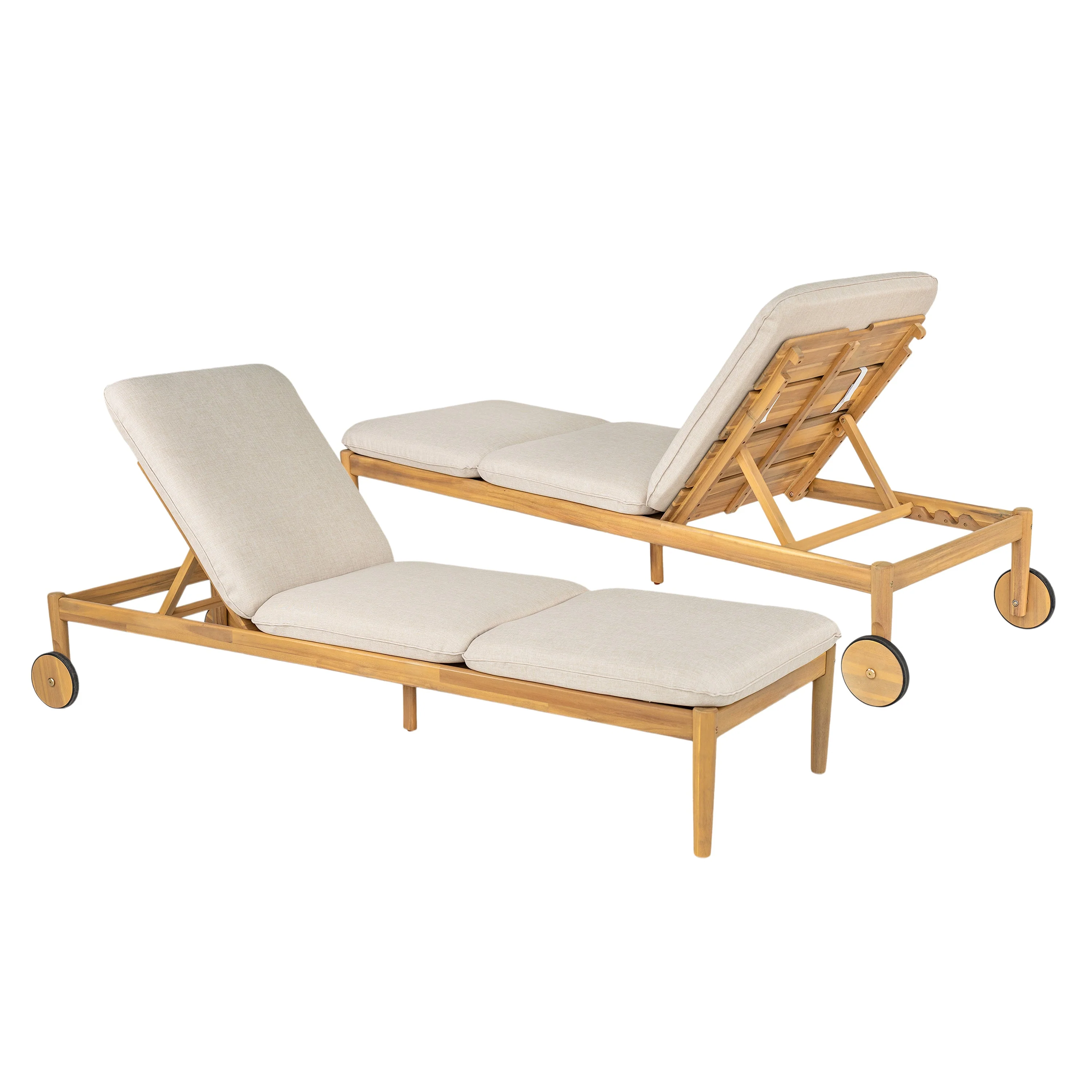 Riviera Outdoor Chaise Lounge with Wheels, Acacia Wood Frame (Set of 2) - Image 4