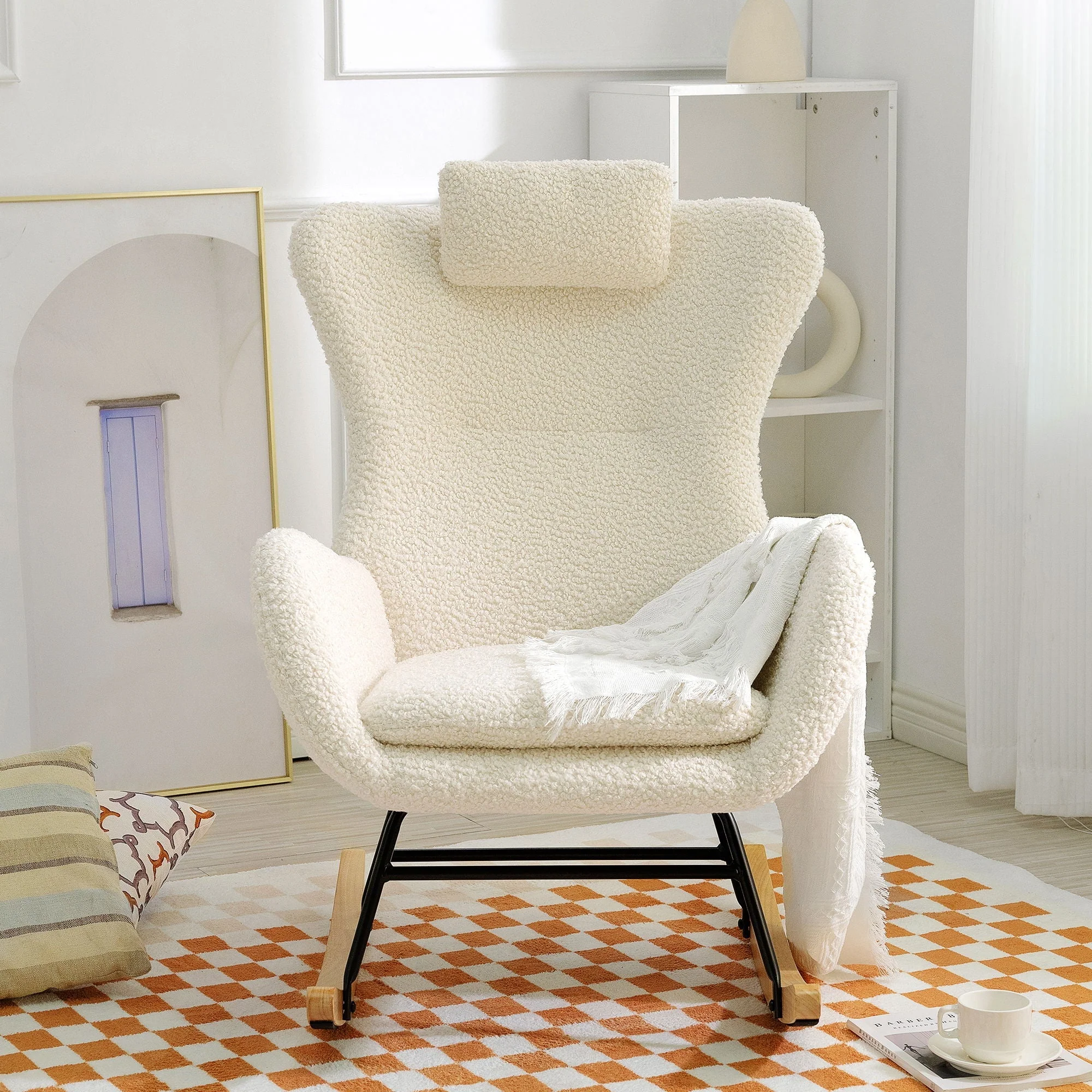 Rocking Chair Nursery, Teddy Upholstered Rocker Glider Chair With High Backrest, Adjustable Headrest & Pocket, Comfy Glider Chair For Nursery, Bedroom, Living Room, Offices, Rubber Wood - Image 2