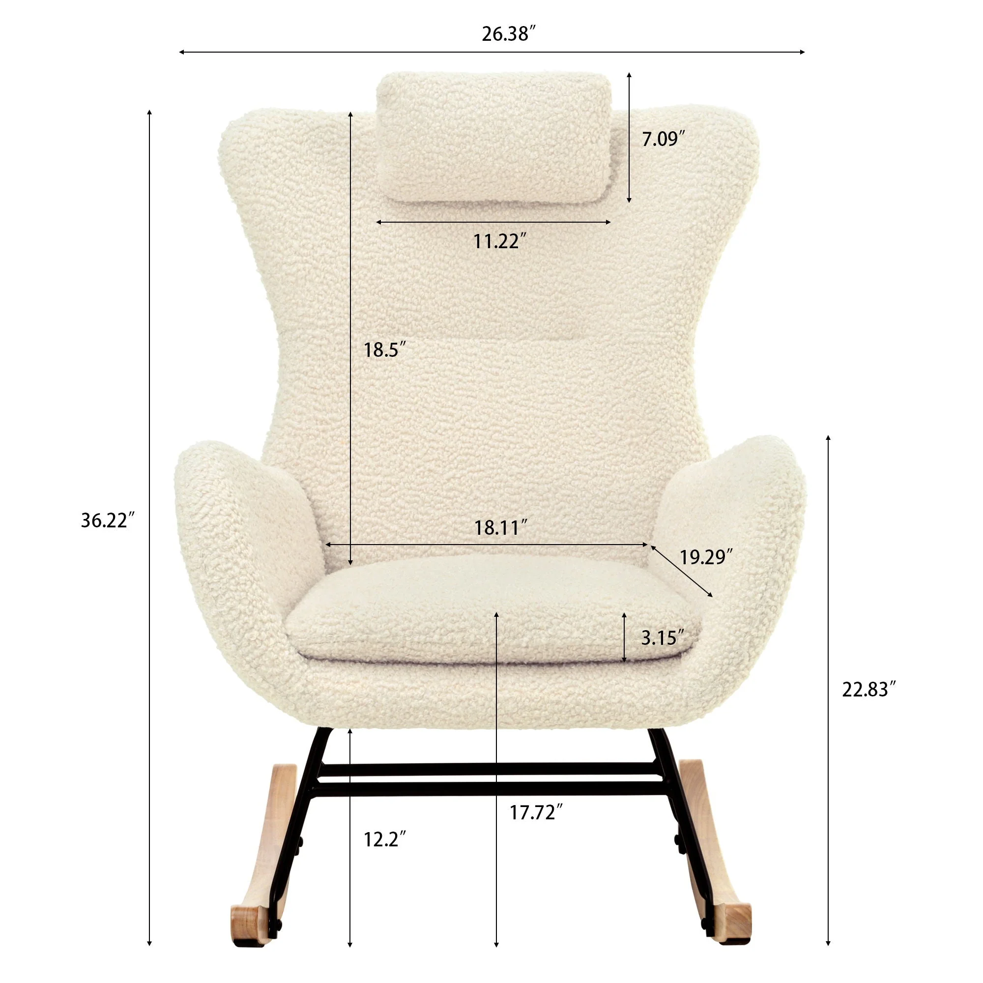 Rocking Chair Nursery, Teddy Upholstered Rocker Glider Chair With High Backrest, Adjustable Headrest & Pocket, Comfy Glider Chair For Nursery, Bedroom, Living Room, Offices, Rubber Wood - Image 4