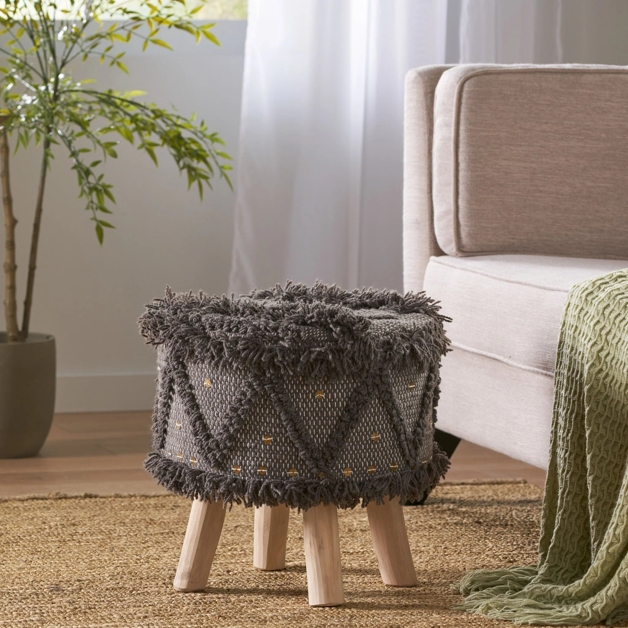 Roja - Handcrafted Wool & Cotton Foot Stool With Eucalyptus Wood Frame - Dark Brown - Image 3