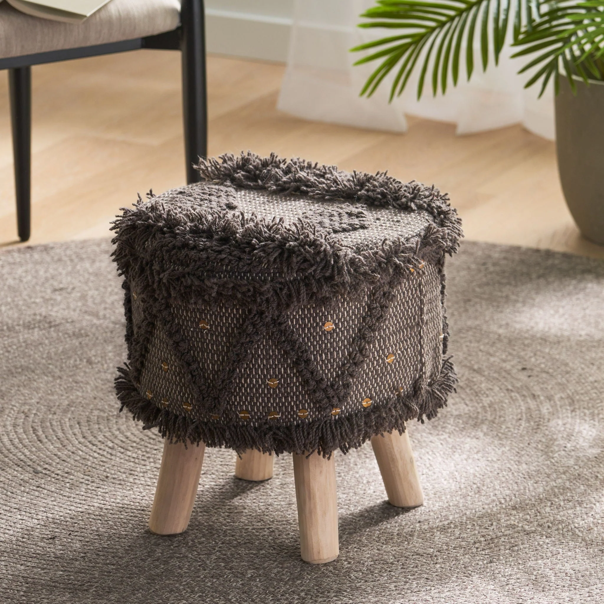 Roja - Handcrafted Wool & Cotton Foot Stool With Eucalyptus Wood Frame - Dark Brown - Image 4