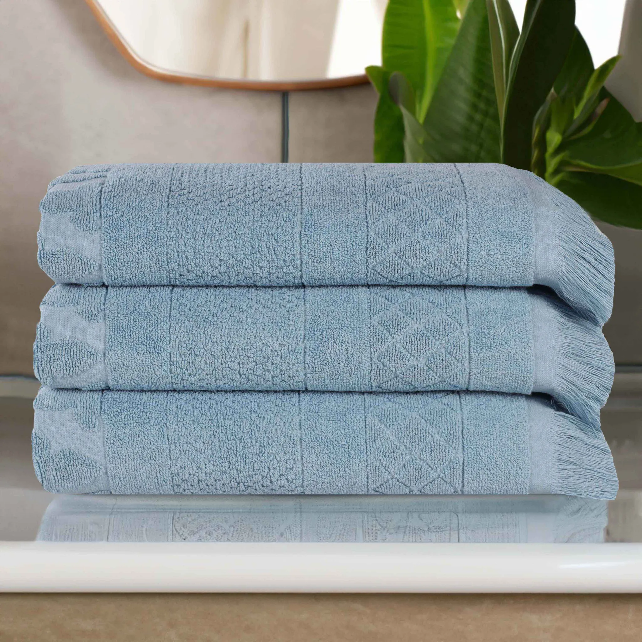 Cotton Geometric Jacquard Absorbent Bath Towel Set of 3 - Image 13
