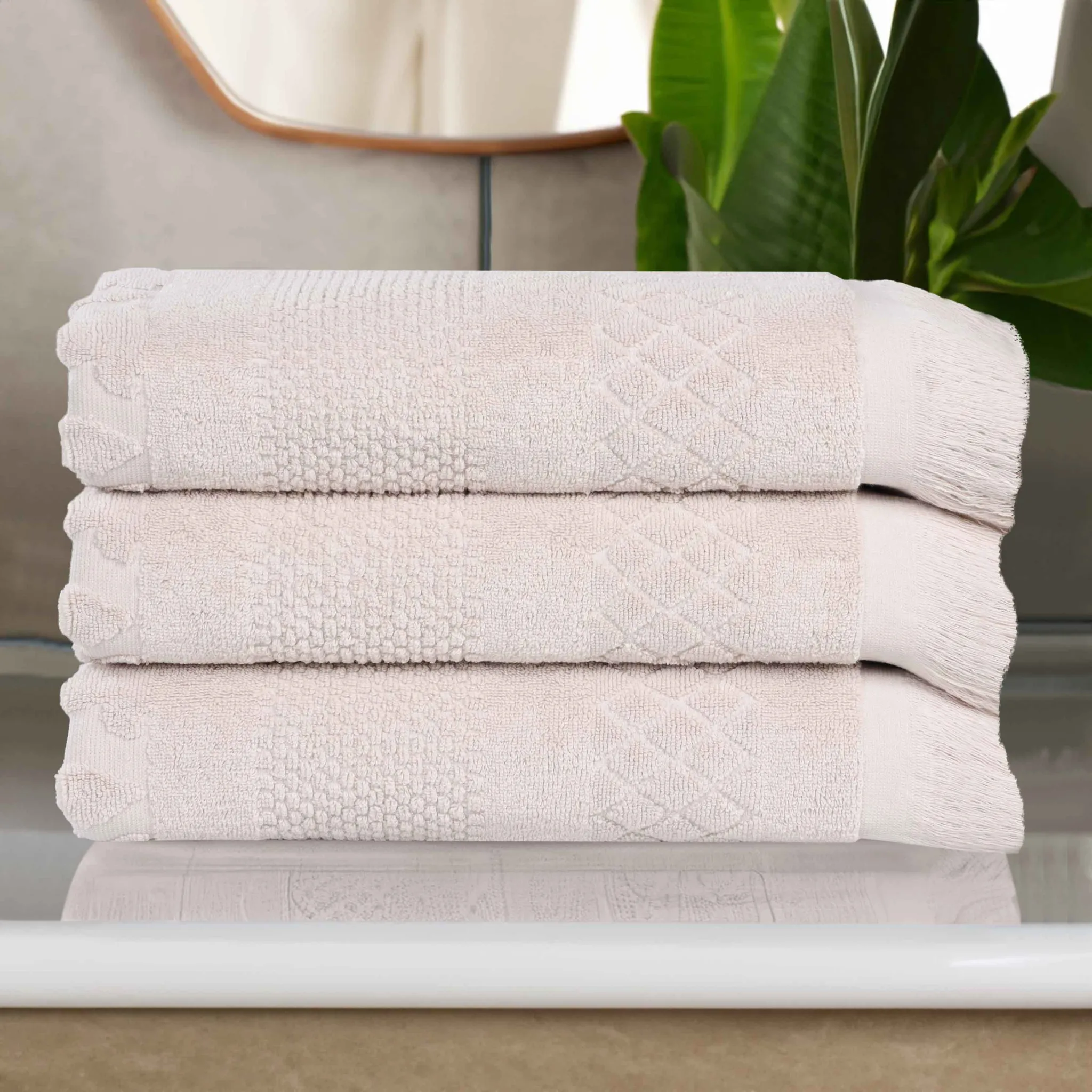 Cotton Geometric Jacquard Absorbent Bath Towel Set of 3 - Image 49