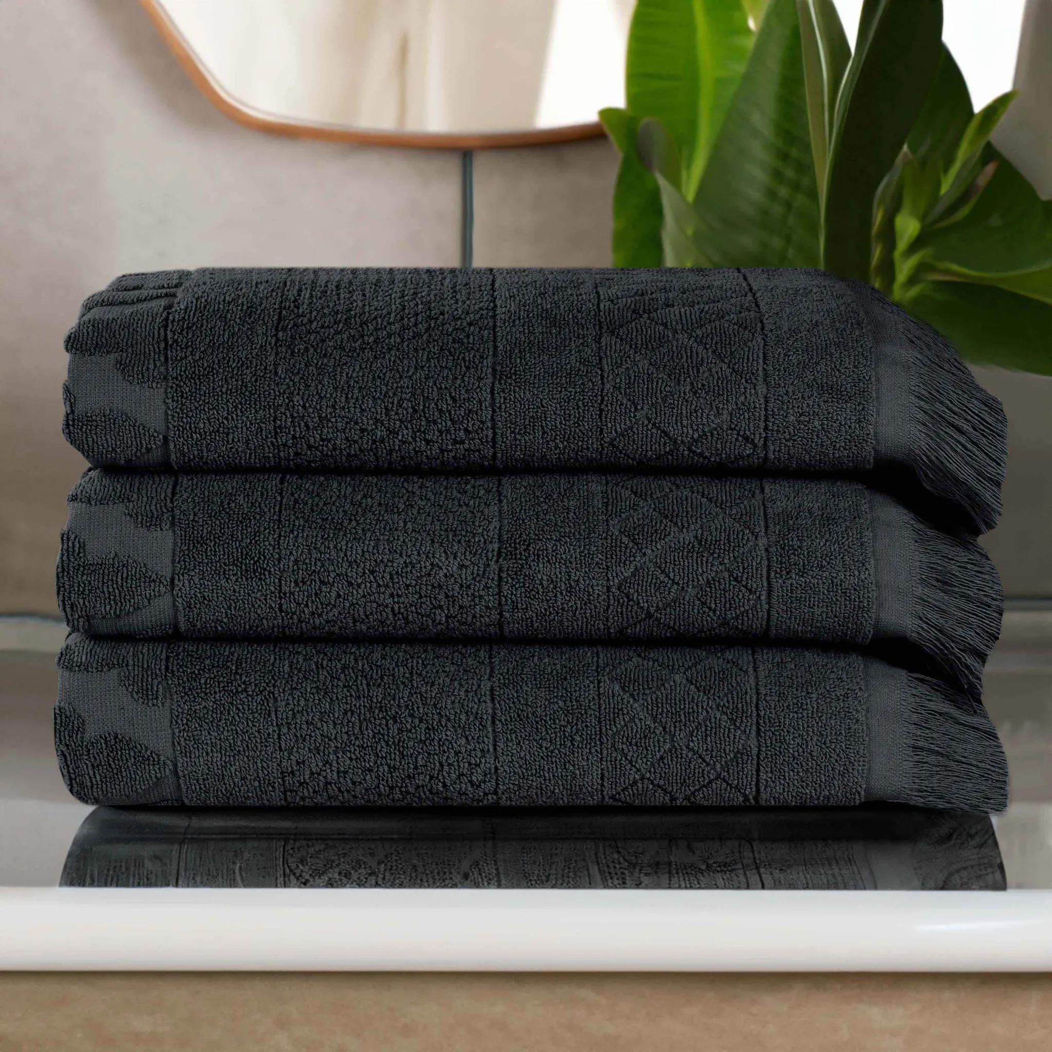 Cotton Geometric Jacquard Absorbent Bath Towel Set of 3 - Image 7