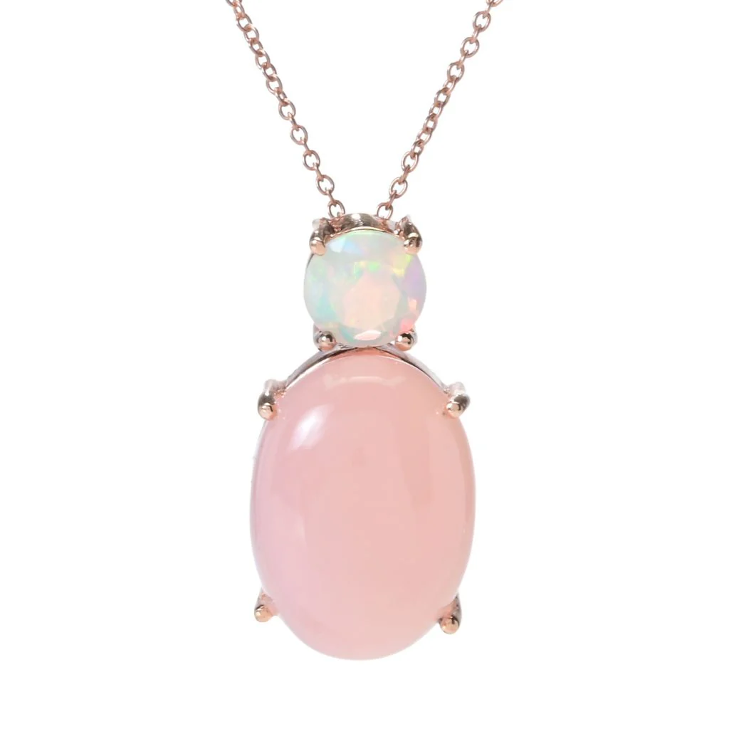 Rose Gold Plated 18x13mm Oval Pink Chalcedony & Ethiopian Opal Pendant w/ Chain - Image 3