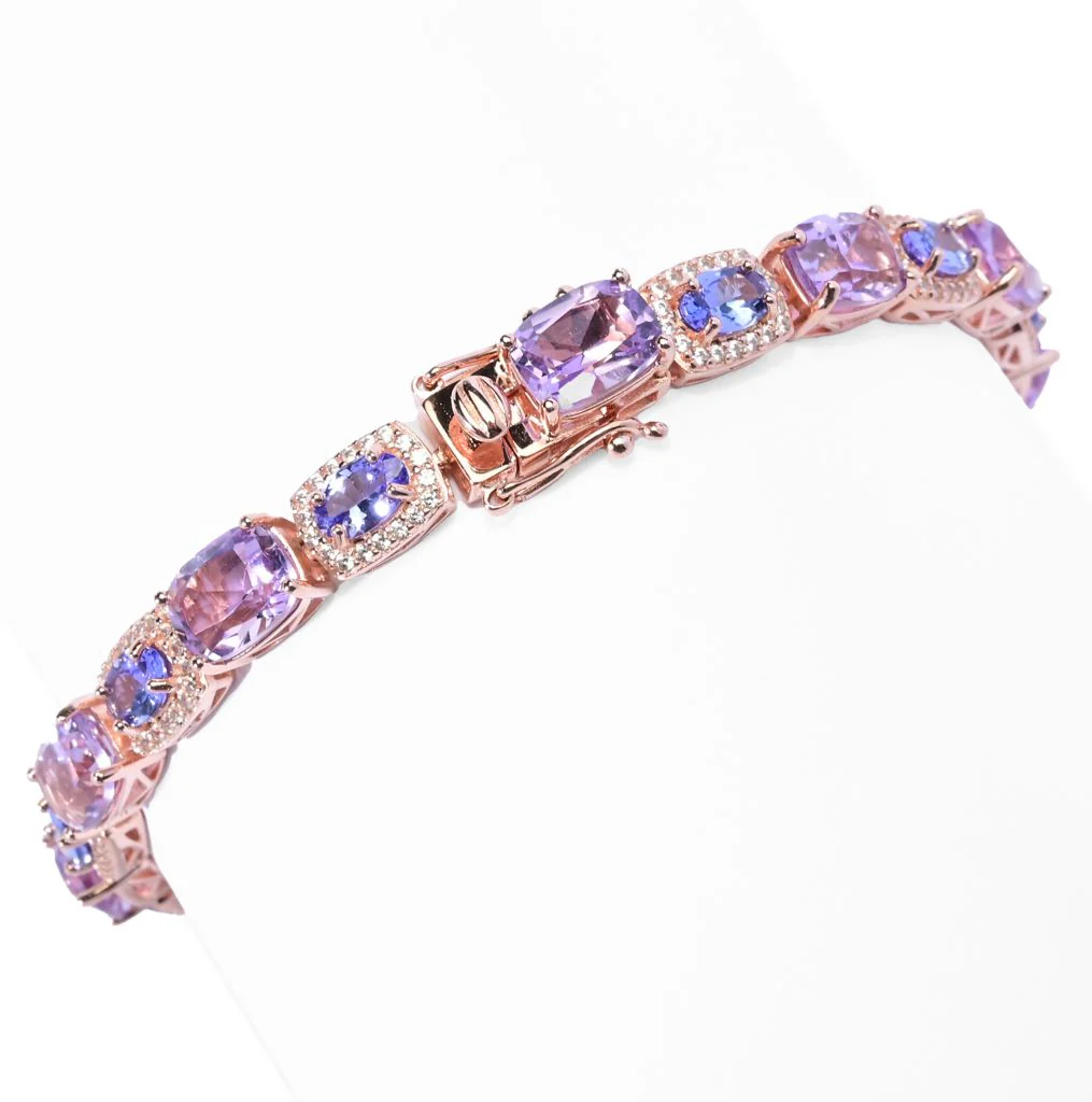 Rose Gold Plated 20.95ctw Pink Amethyst, Tanzanite & White Zircon Bracelet - Image 2
