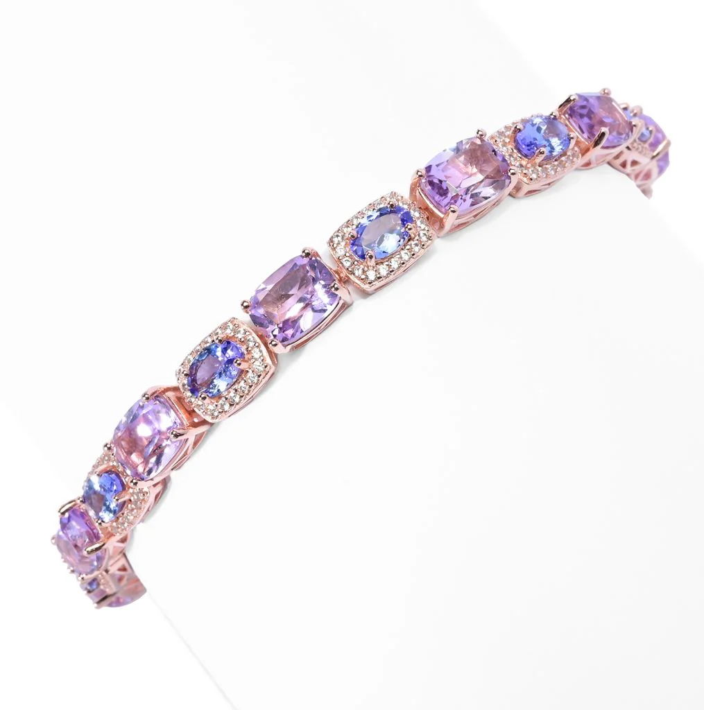Rose Gold Plated 20.95ctw Pink Amethyst, Tanzanite & White Zircon Bracelet - Image 3