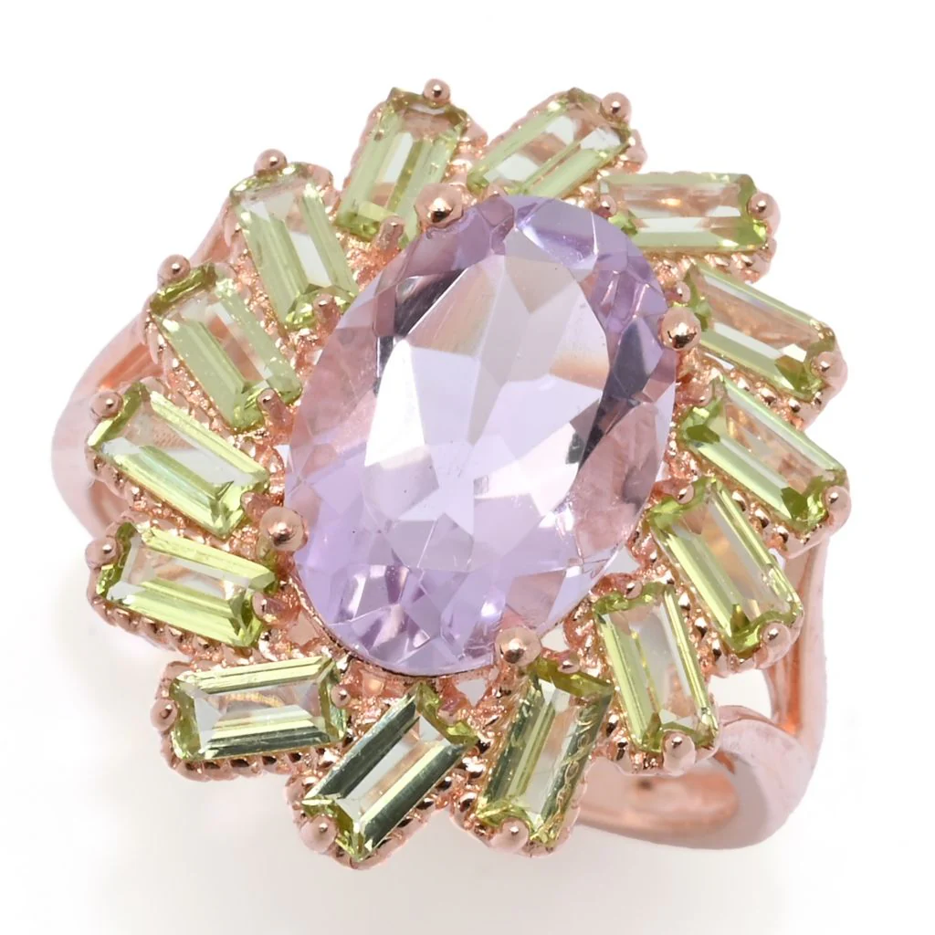 Rose Gold Plated Choice of Gemstone Oval & Baguette Cluster Halo Ring - Image 3
