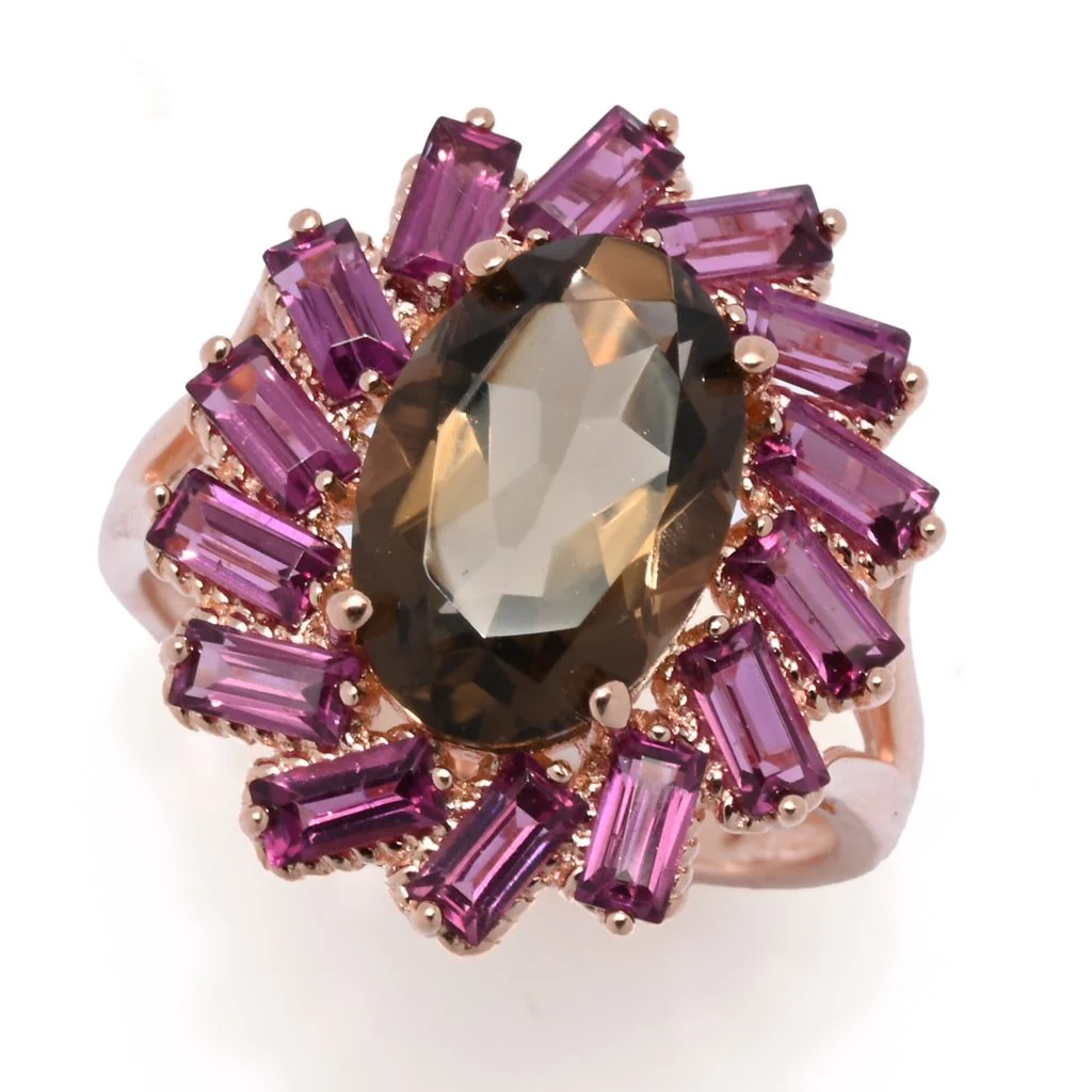 Rose Gold Plated Choice of Gemstone Oval & Baguette Cluster Halo Ring - Image 4