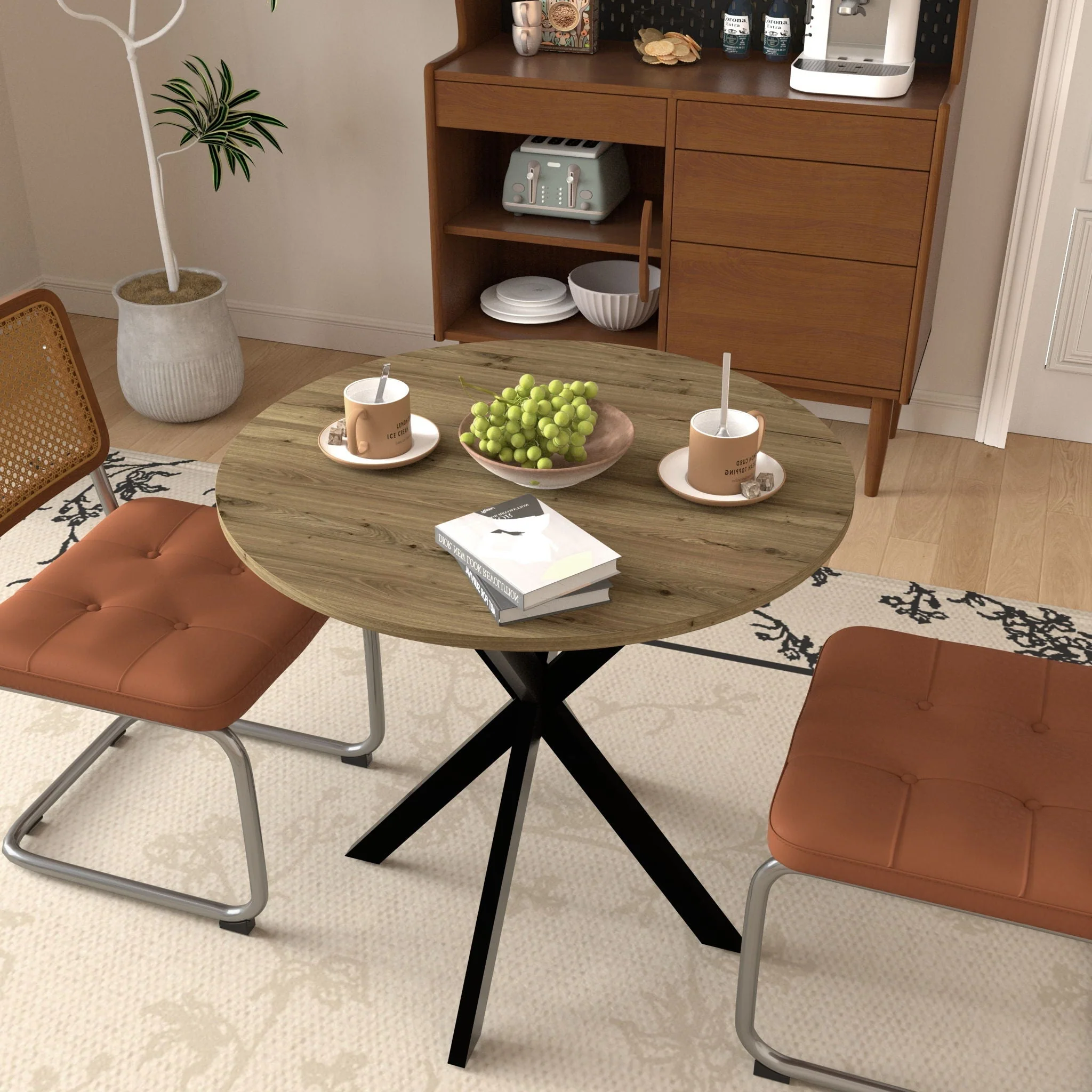 Round Dining Table For 2 - 4 People, Compact Kitchen Or Dining Room - Rustic Brown - Image 2