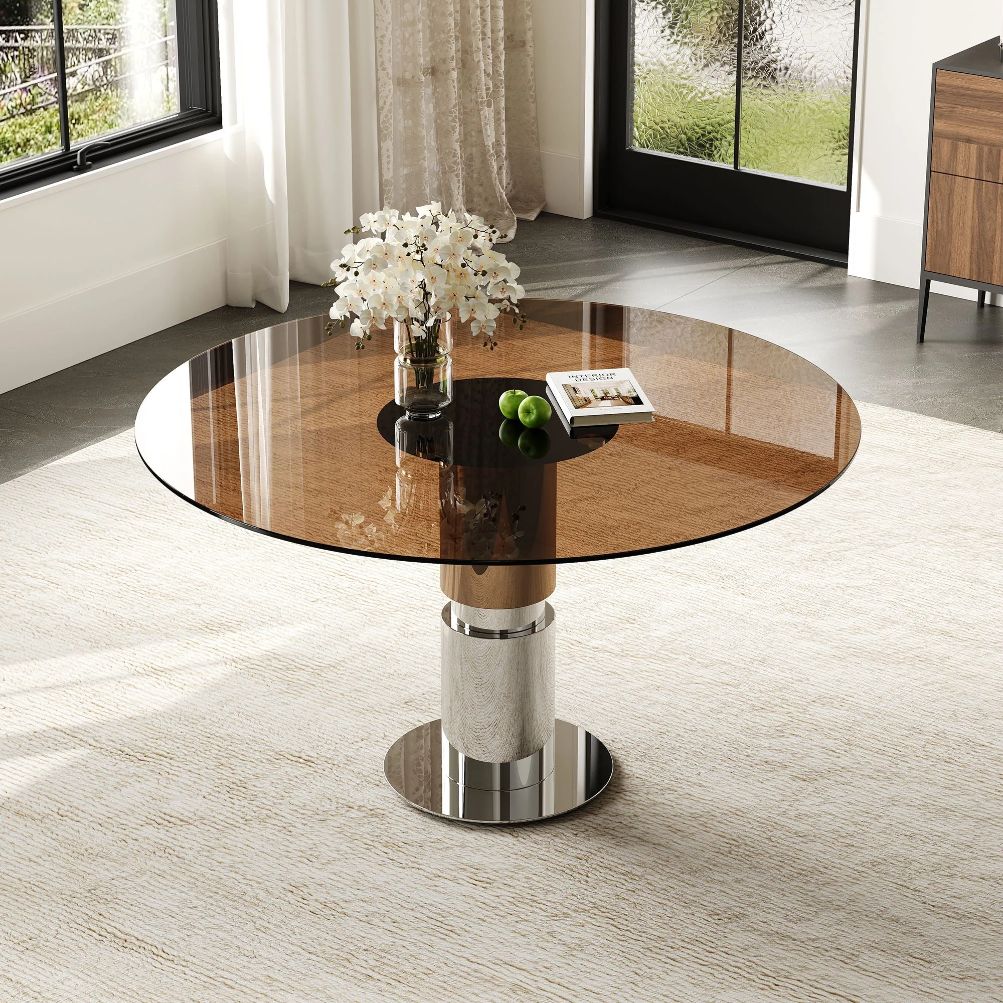Round Glass Dining Table, Suitable For 2 - 4 People - Brown - Image 3