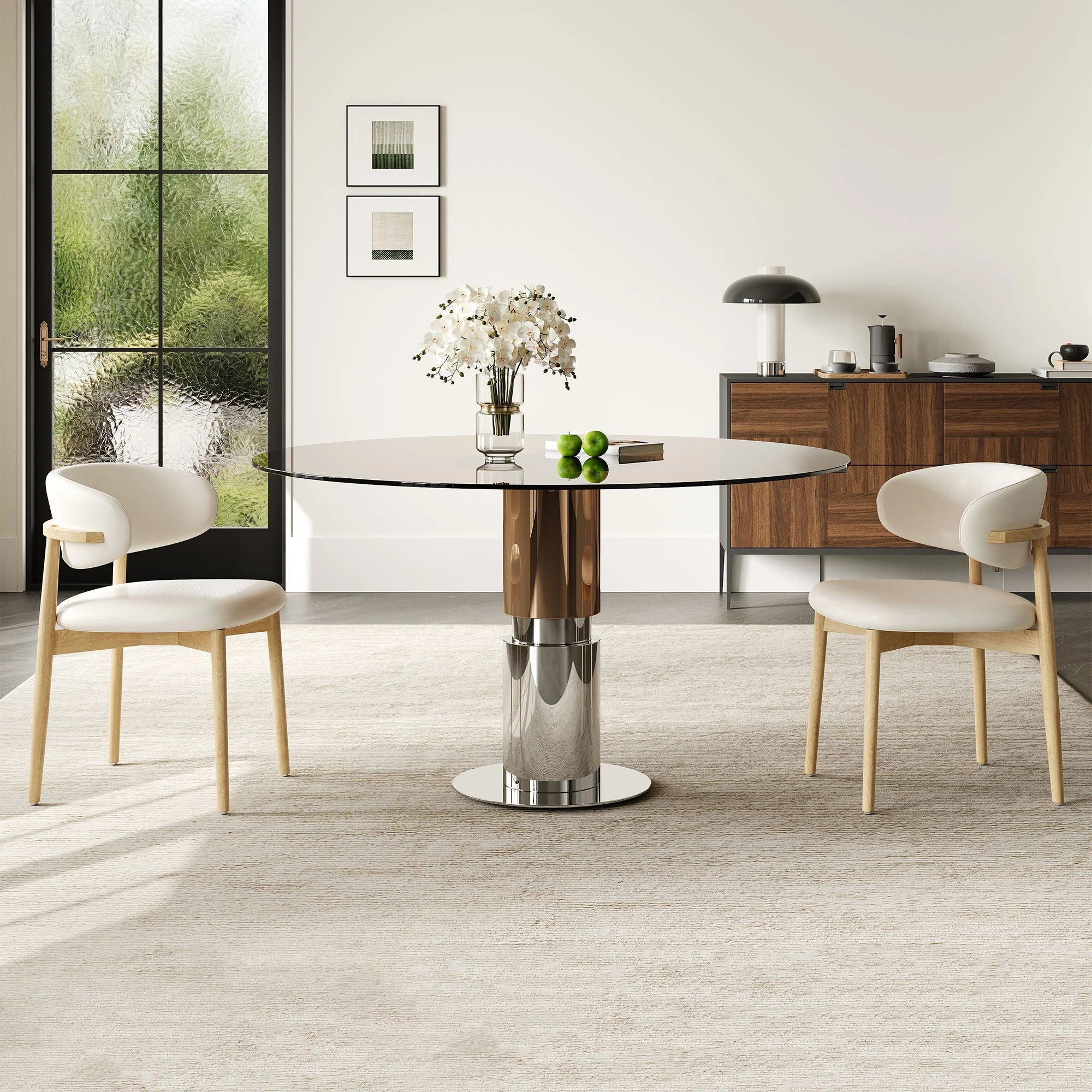 Round Glass Dining Table With Stainless Steel Legs And Chairs - Image 3