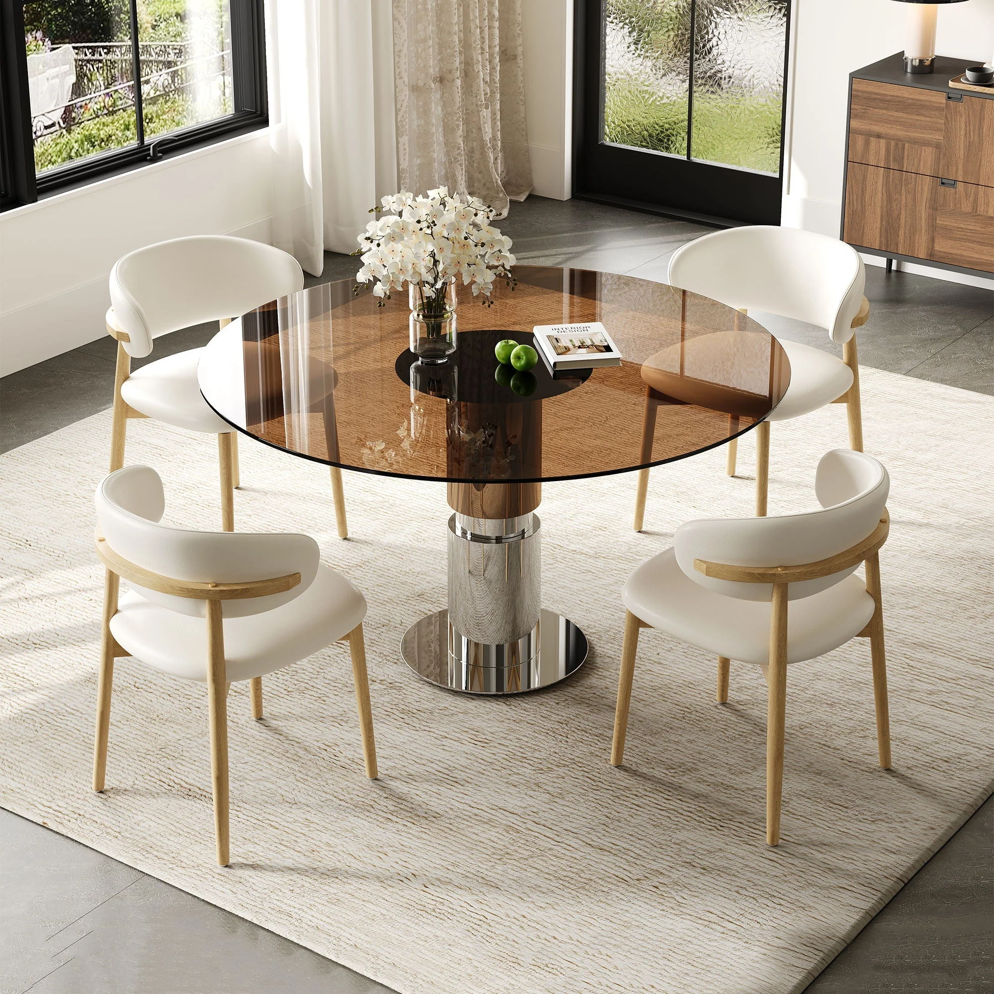 Round Glass Dining Table With Stainless Steel Legs And Chairs - Image 5