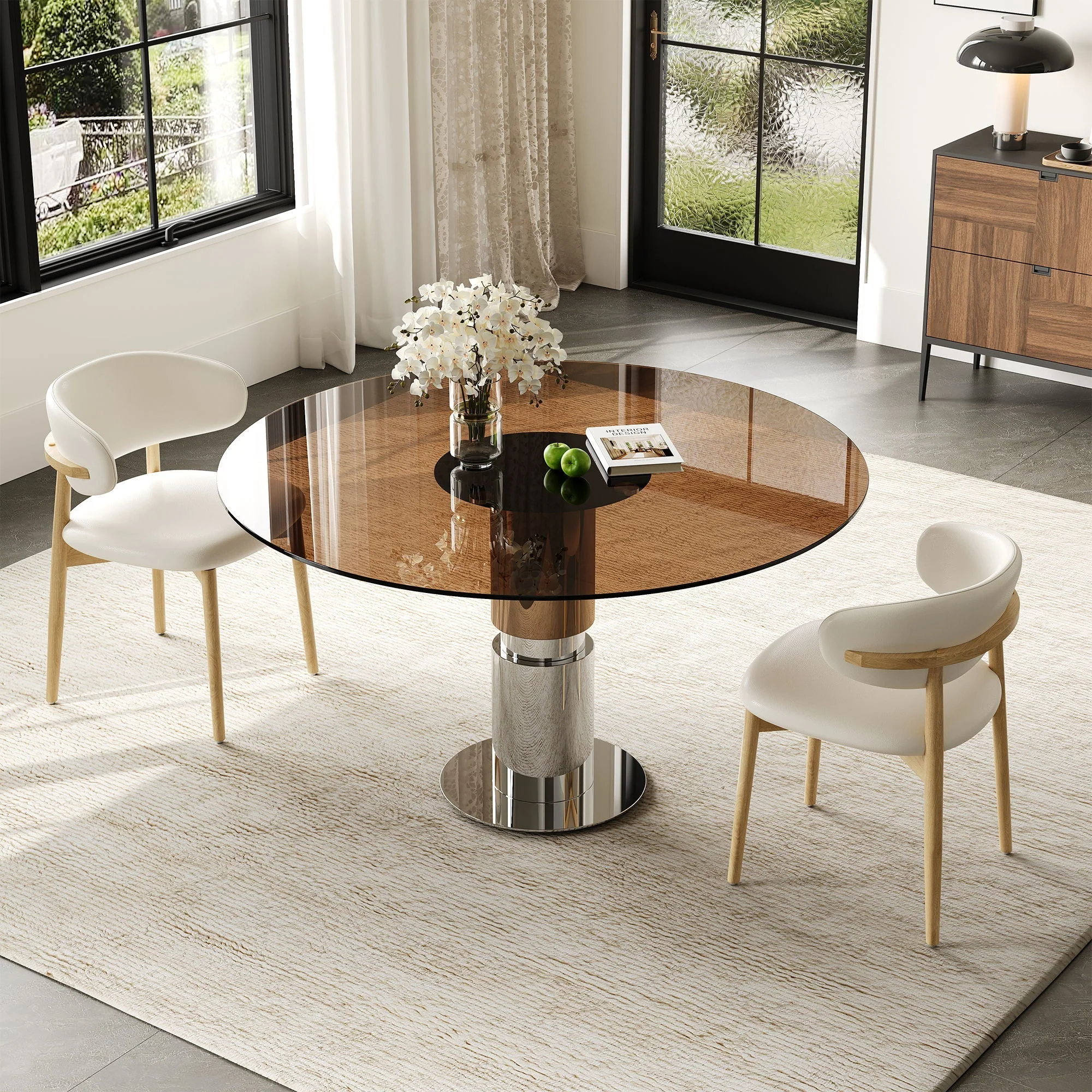 Round Glass Dining Table With Stainless Steel Legs And Chairs - Image 7
