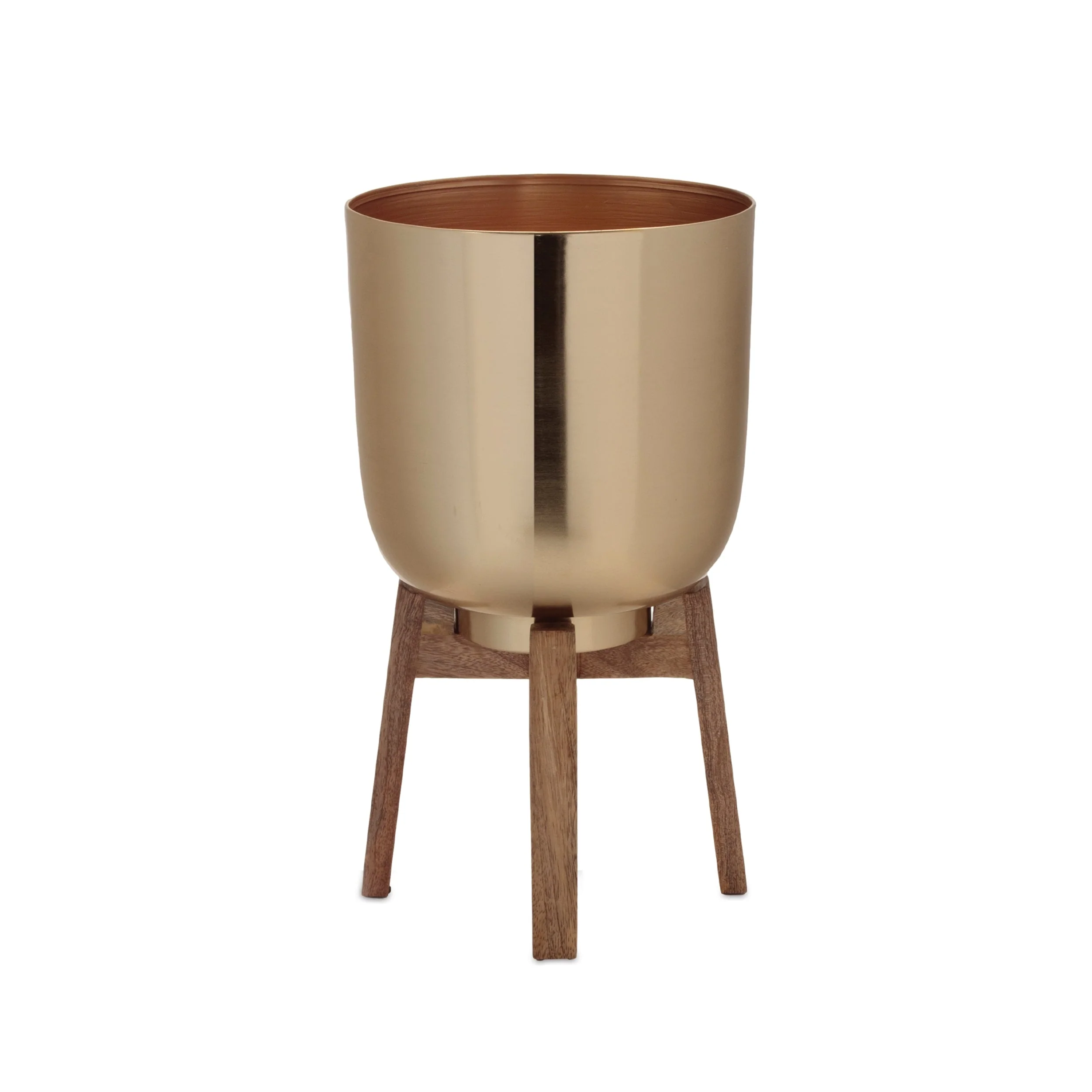 Round Metal Planter with Wooden Stand (Set of 2) - Image 3