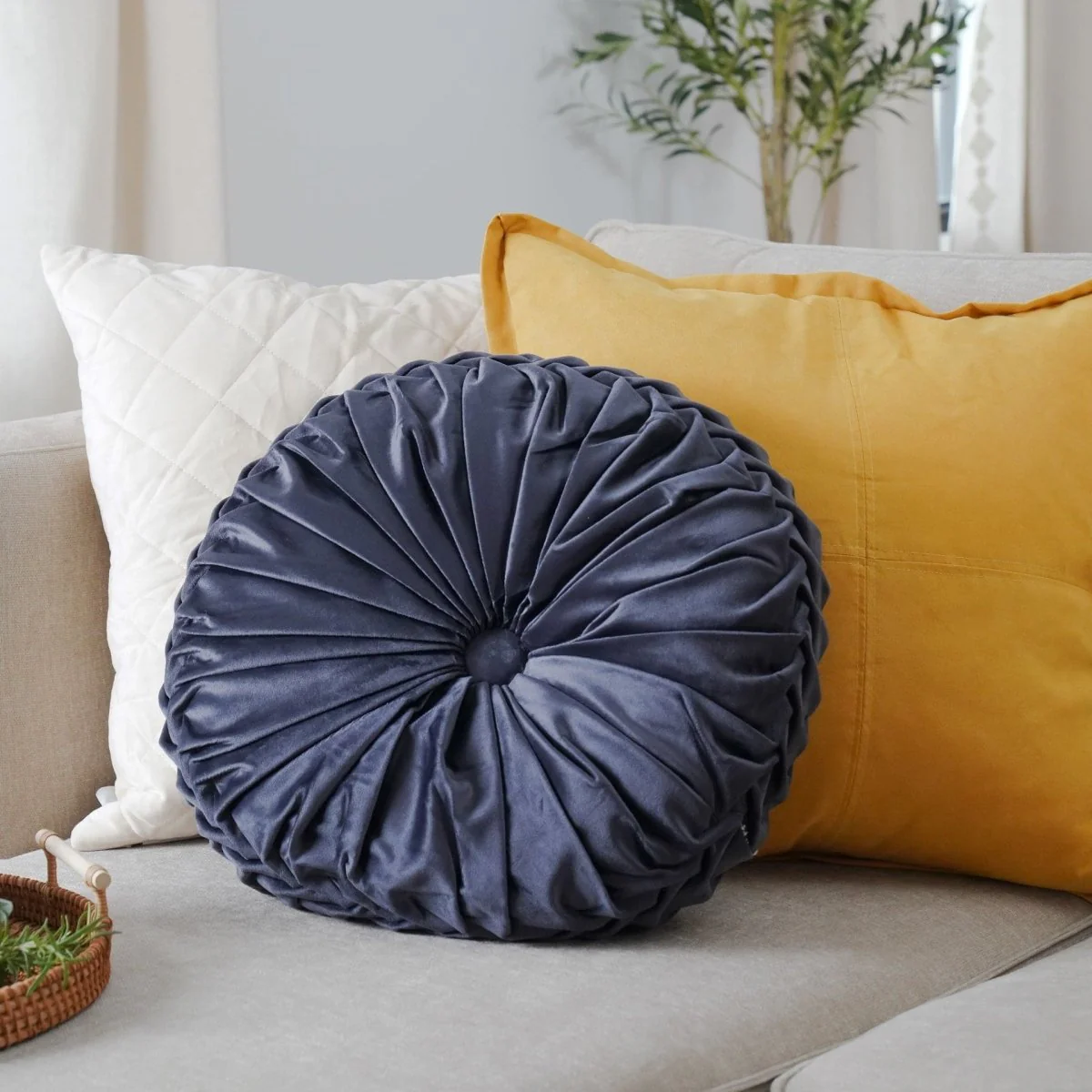 Round Pleated Soft Velvet Throw Pillow - Image 46