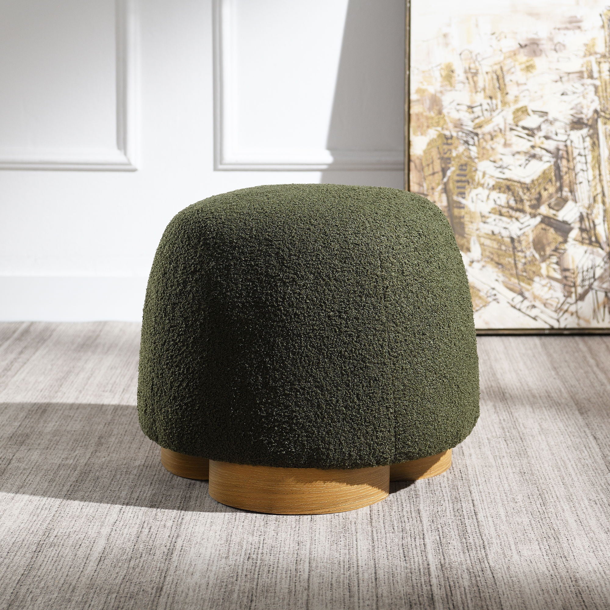 Round Soft Teddy Fabric Upholstered Ottoman With Metal Accents - Image 3
