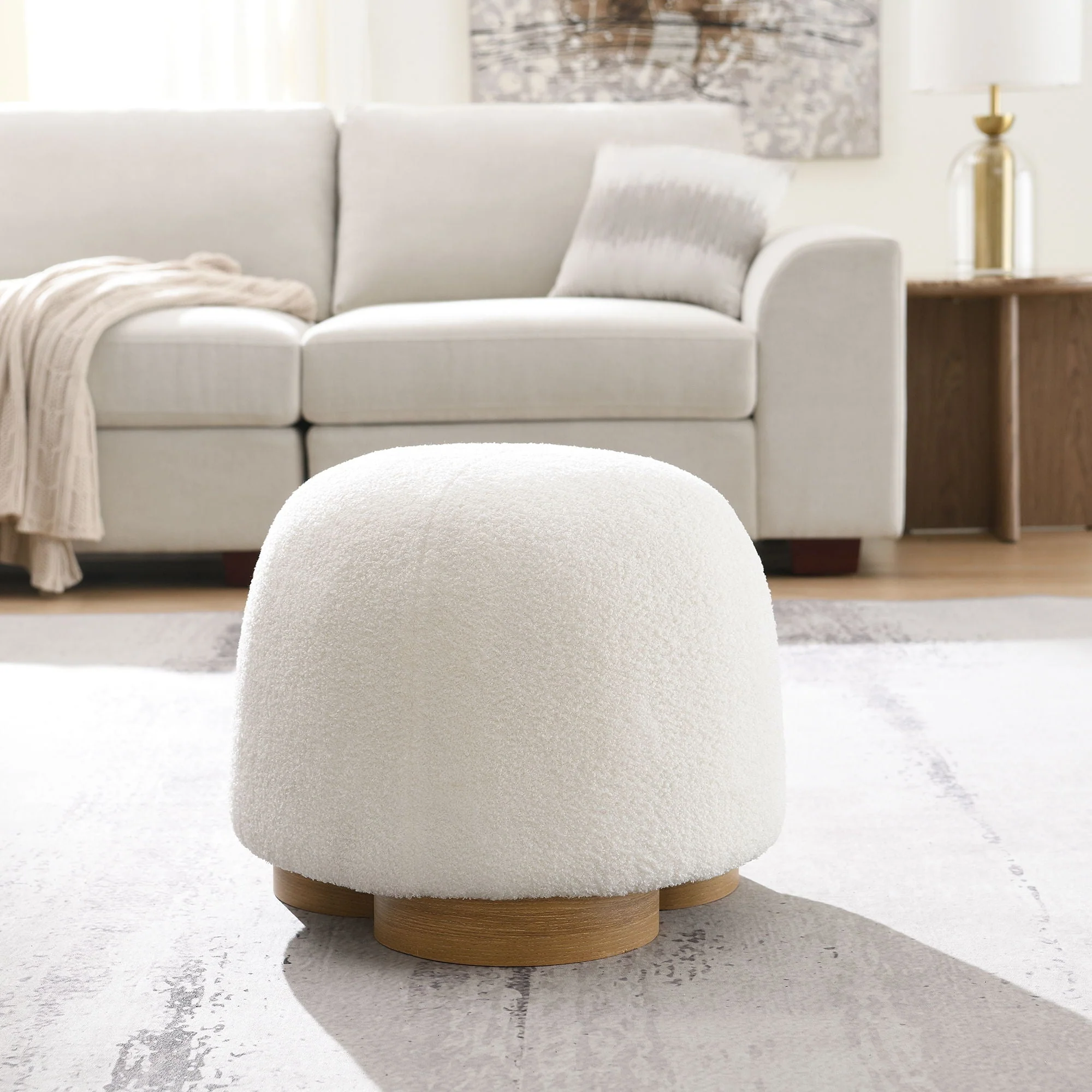Round Soft Teddy Fabric Upholstered Ottoman With Metal Accents - Image 6