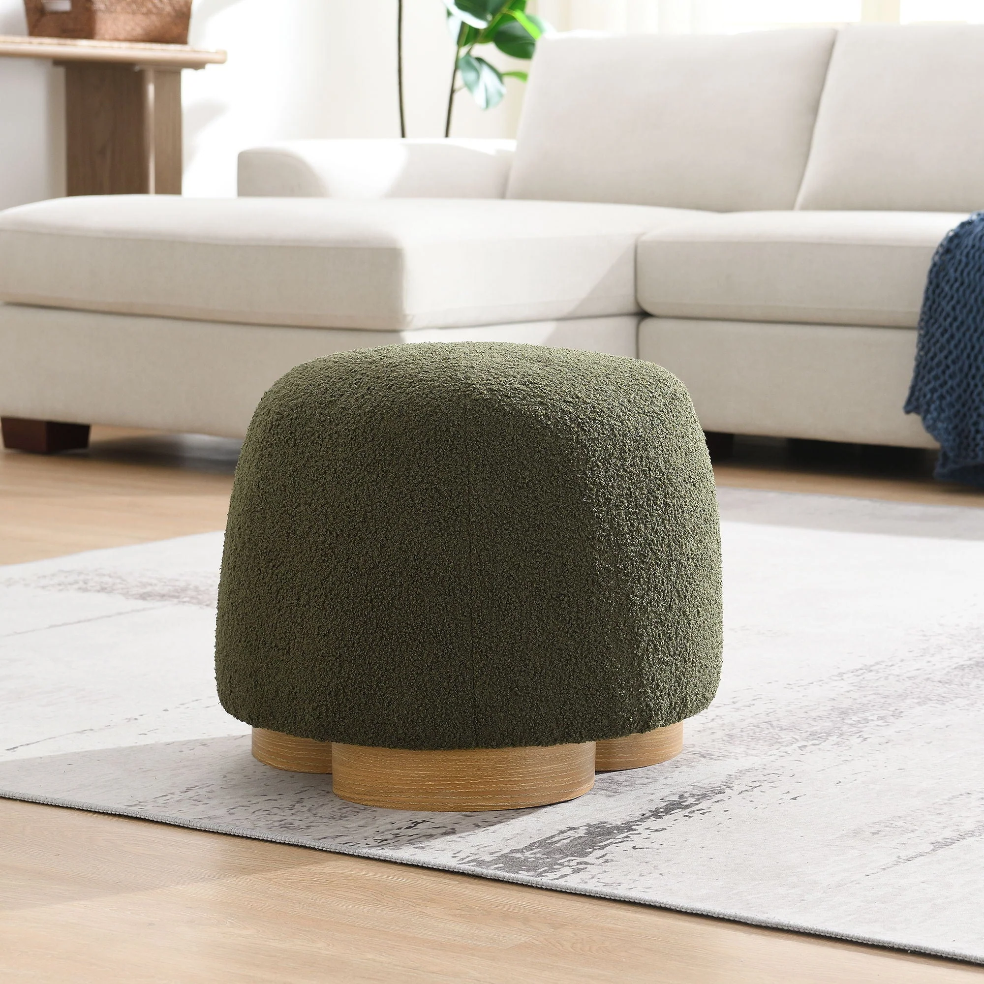Round Soft Teddy Fabric Upholstered Ottoman With Metal Accents - Image 7