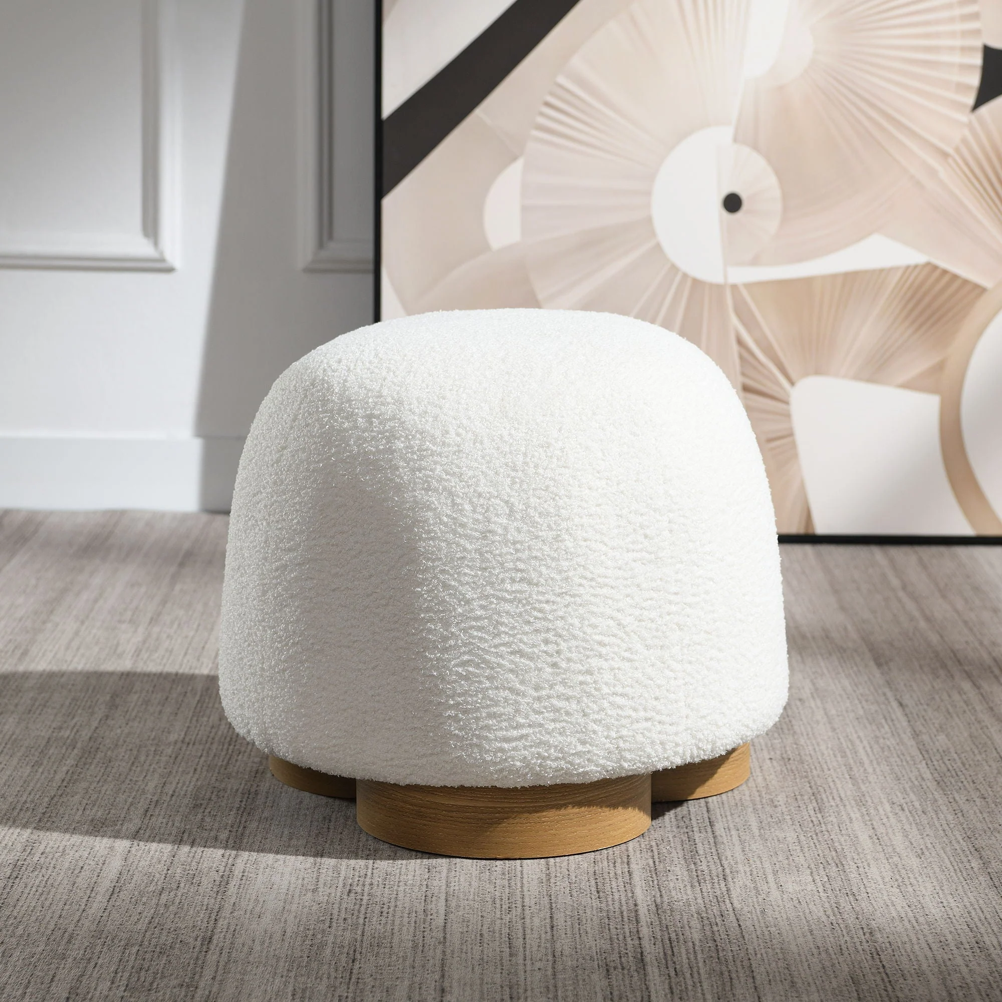 Round Soft Teddy Fabric Upholstered Ottoman With Metal Accents - Image 8