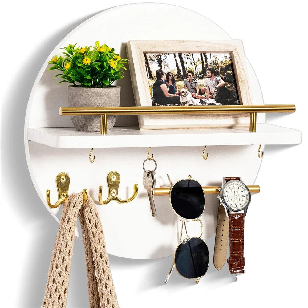 Round Wooden Key Holder Wall Mount Entryway Organizer Shelf Hooks - Image 10
