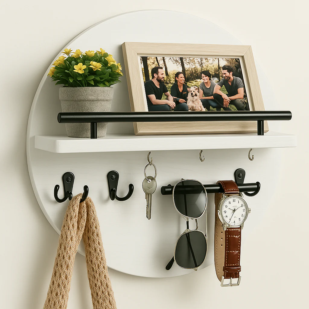 Round Wooden Key Holder Wall Mount Entryway Organizer Shelf Hooks - Image 11